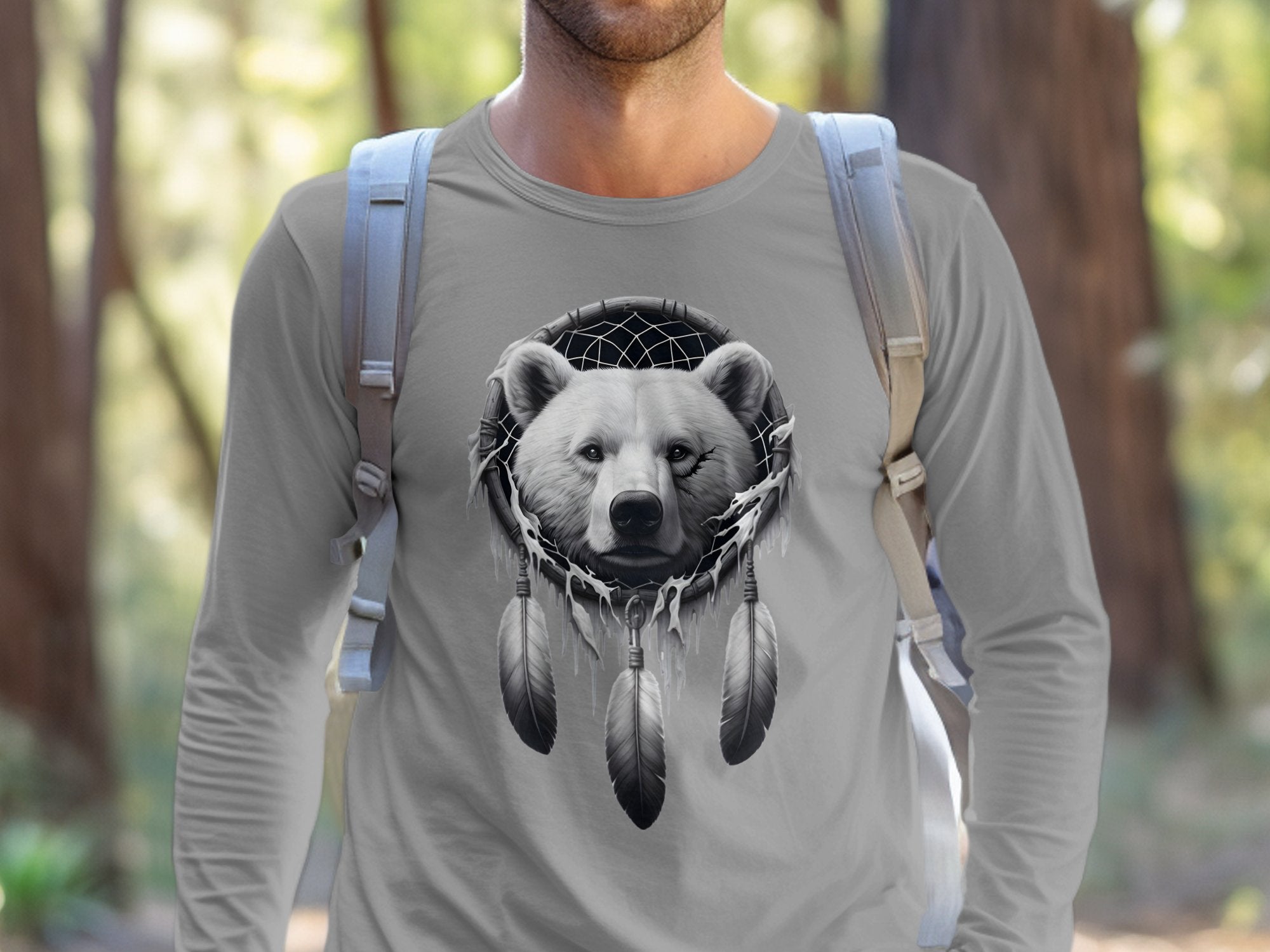 Dreamcatcher Bear - Coloured Gildan Long Sleeve Realistic Native American Talisman Unisex Mythology Tee Graphic Design