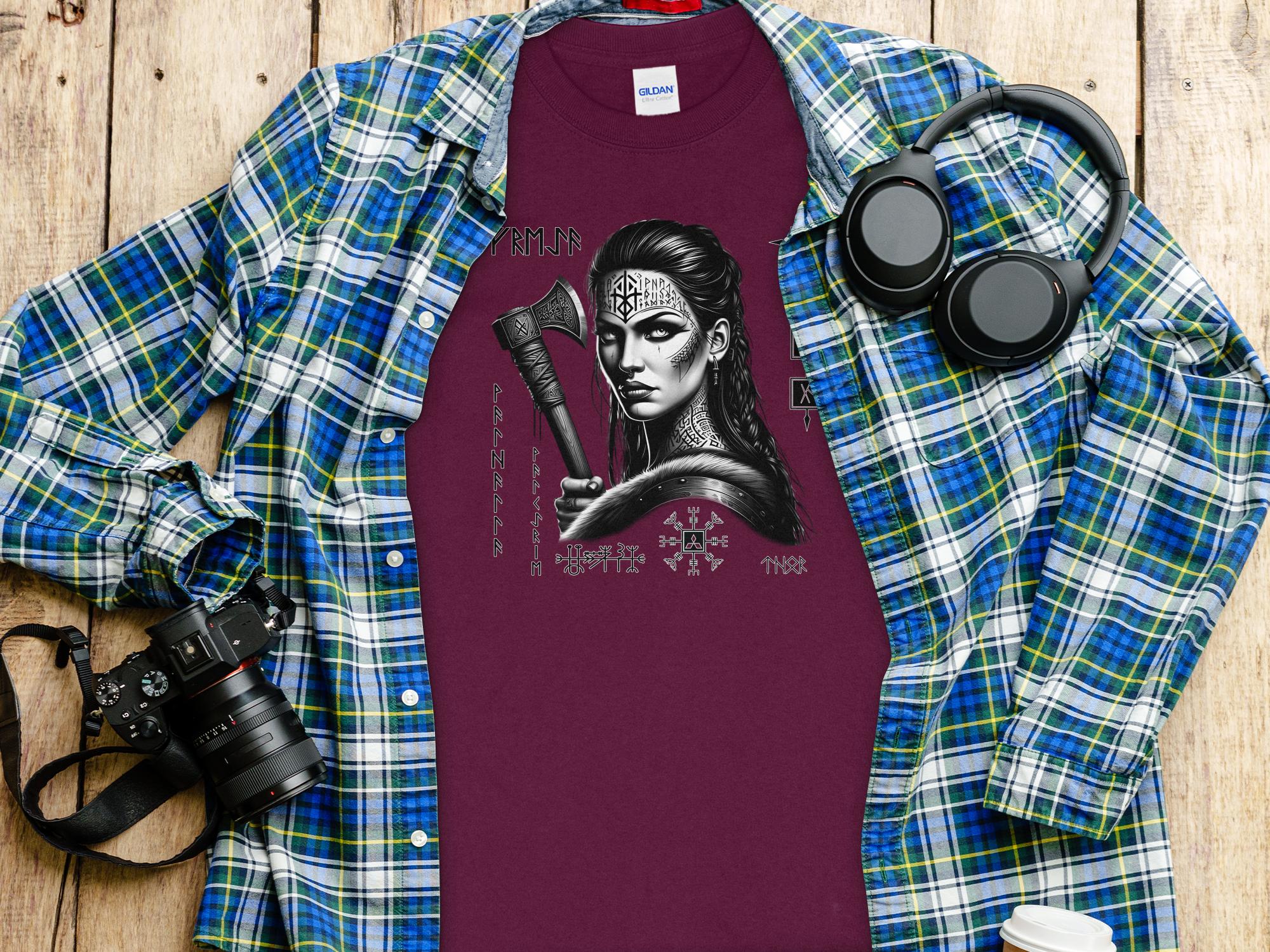 Viking Shield Maiden - Coloured Gildan Long Sleeve Realistic Norse Talisman Men Women Unisex Valhalla Tee Graphic Design