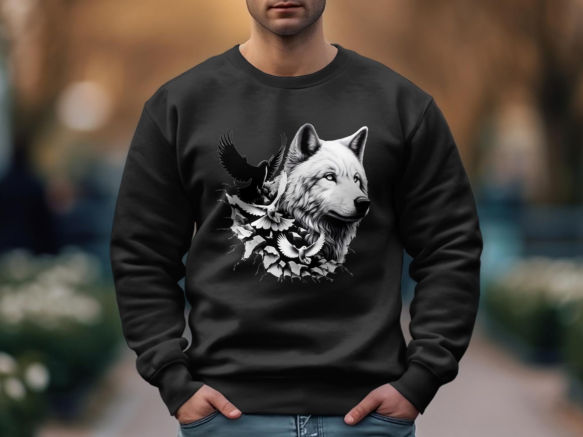 Wolf x Doves - Black White Gildan Sweatshirt Realistic Animal Talisman Unisex Tee Graphic Design