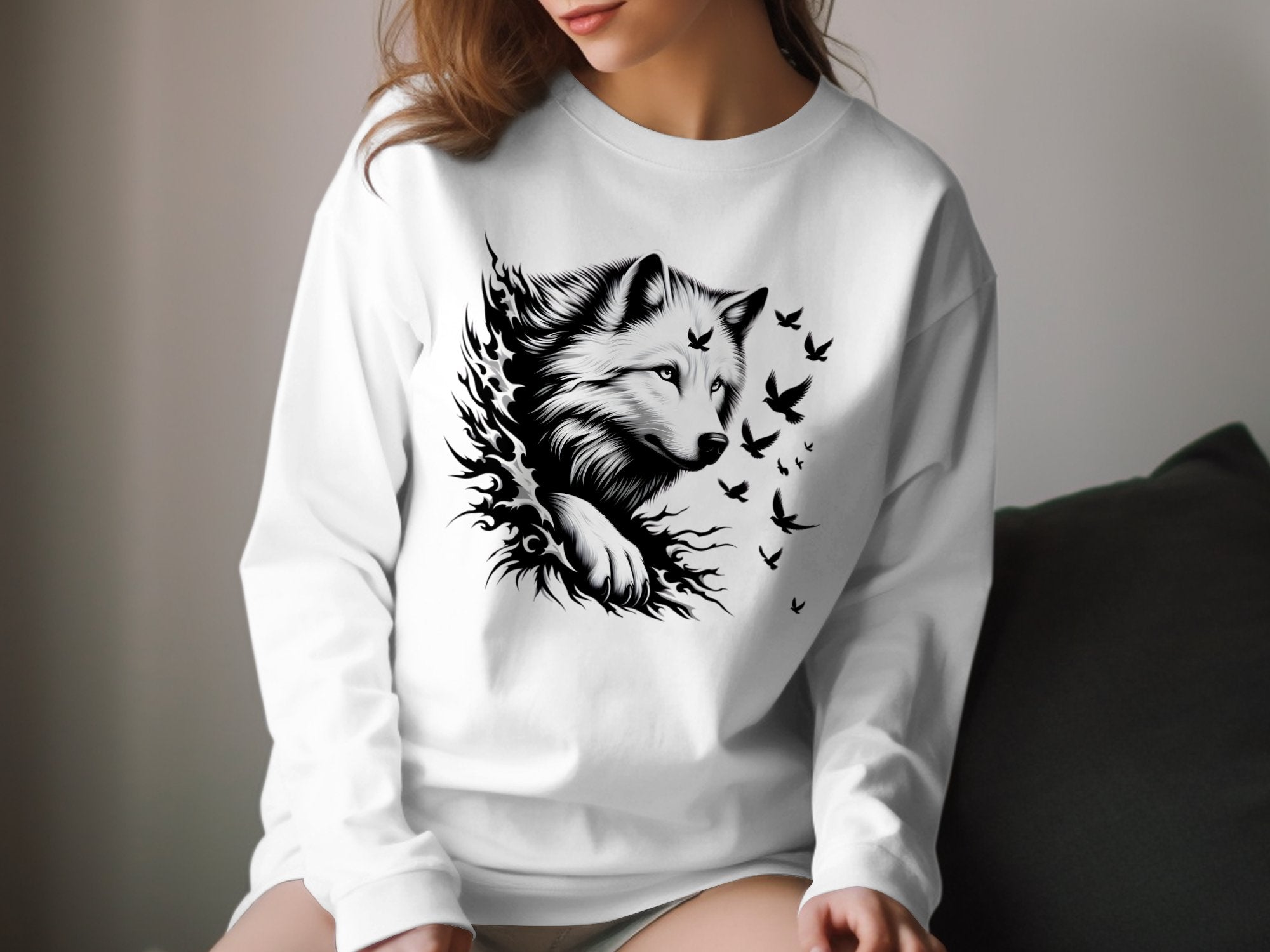 Wolf x Doves - Black White Gildan Long Sleeve Realistic Animal Talisman Unisex Tee Graphic Design