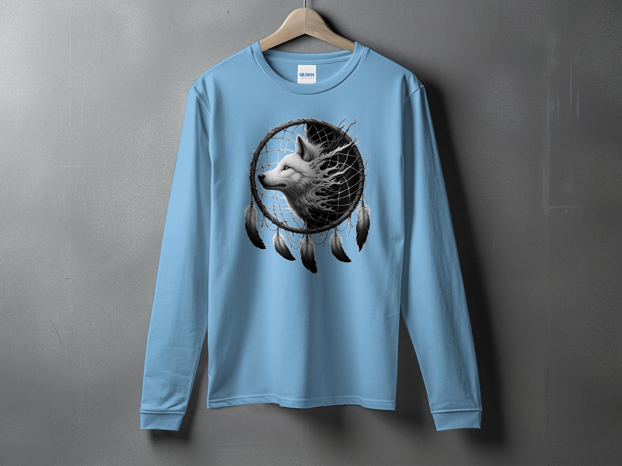 Dreamcatcher Wolf - Coloured Gildan Long Sleeve Realistic Native American Talisman Unisex Mythology Tee Graphic Design