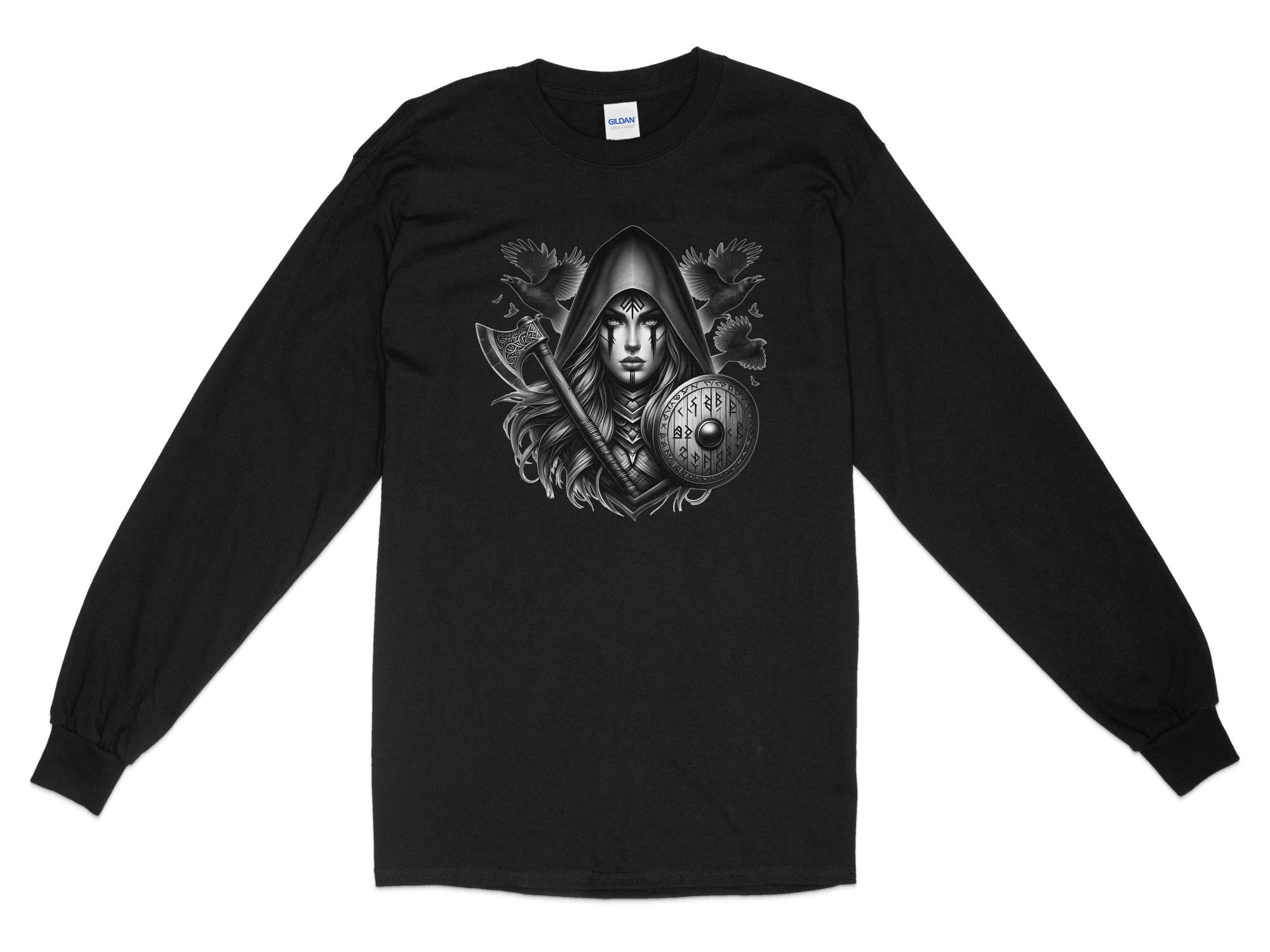 Viking Shield Maiden - Coloured Gildan Long Sleeve Realistic Norse Talisman Men Women Unisex Valhalla Tee Graphic Design