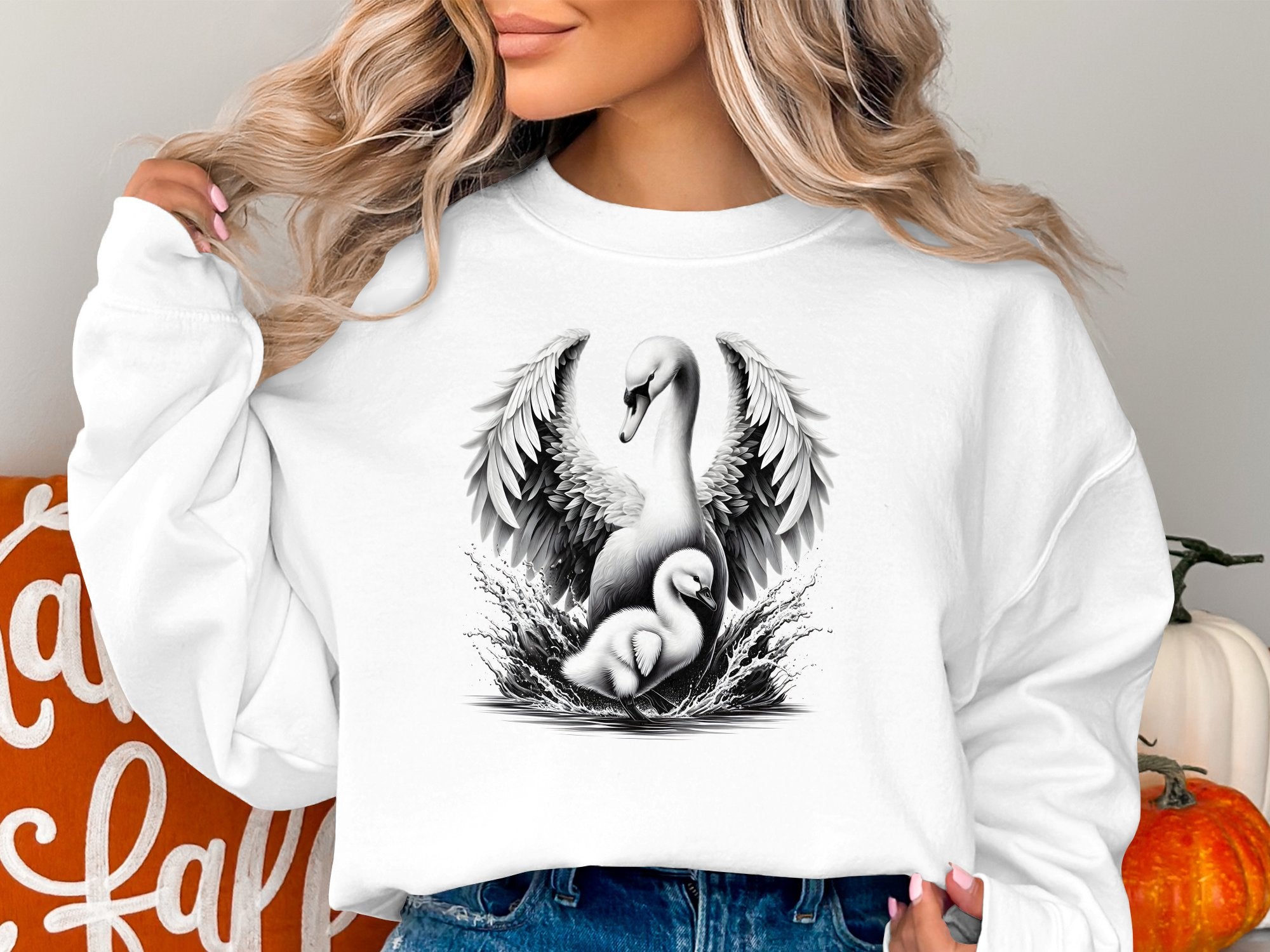 Swan & Cygnet- Black White Gildan Sweatshirt Realistic Family Talisman Unisex Tee Graphic Design