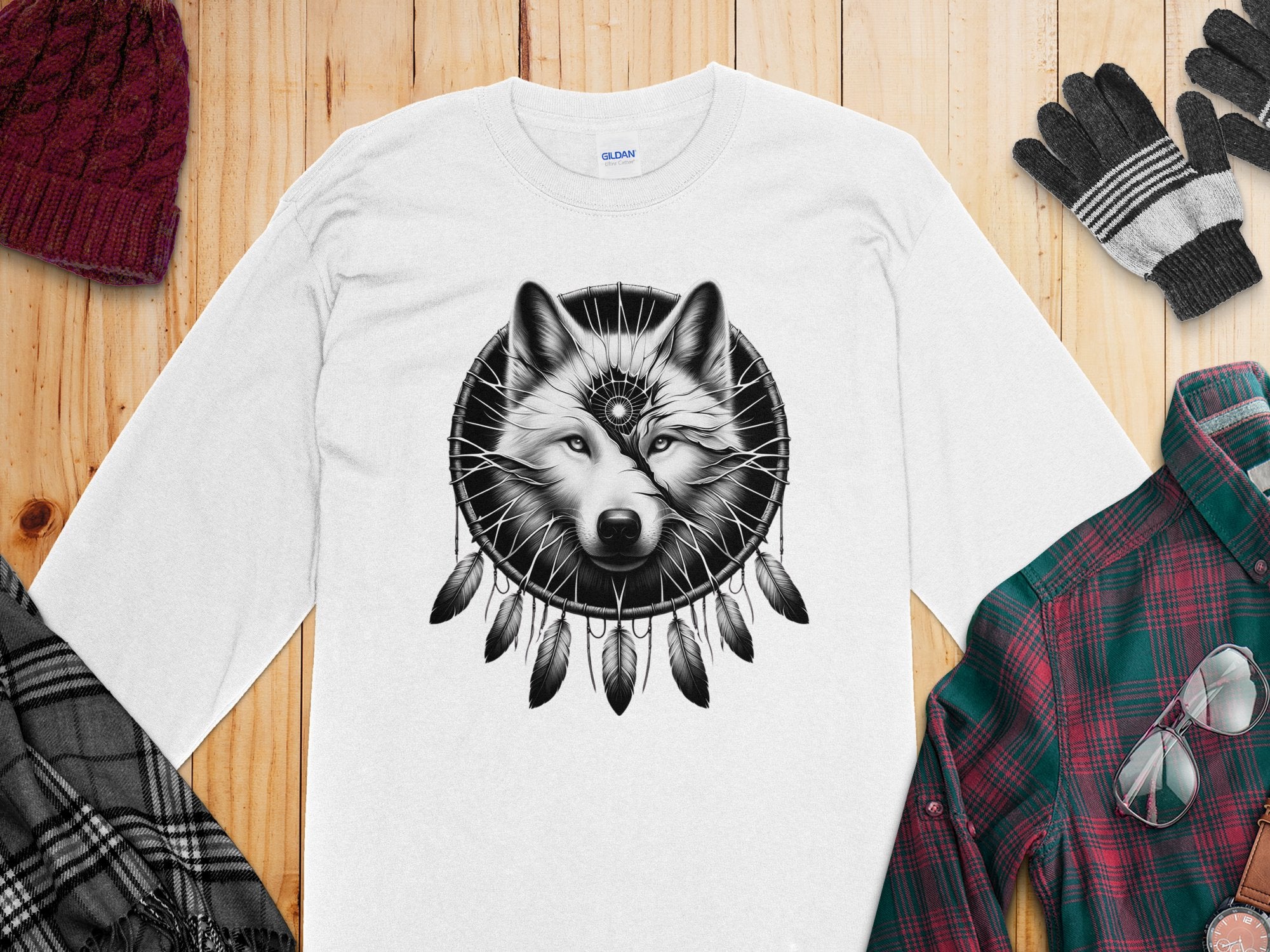 Dreamcatcher Wolf - Coloured Gildan Long Sleeve Realistic Native American Talisman Unisex Mythology Tee Graphic Design