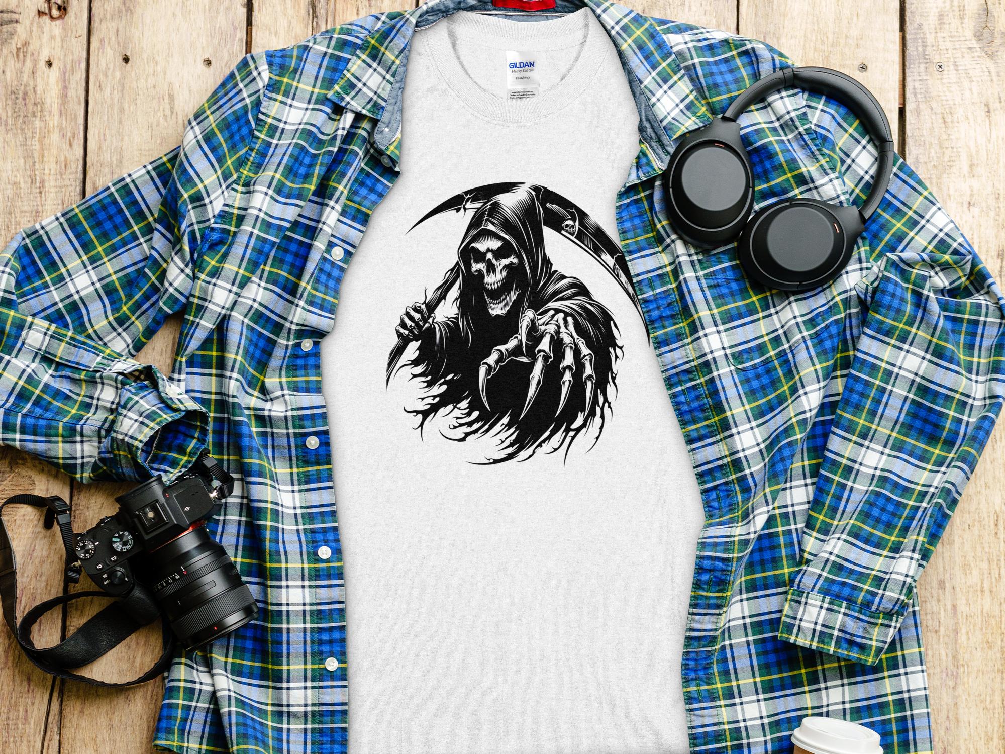 Grim Reaper - Black White Gildan T-Shirt Commemorative Talisman Unisex Tee Graphic Design