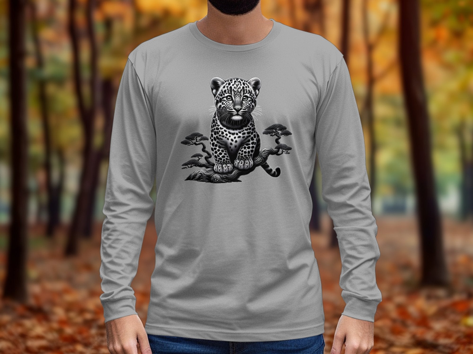 Leopard Bonsai - Coloured Gildan Long Sleeve Realistic Animal Talisman Unisex Cute Tee Graphic Design