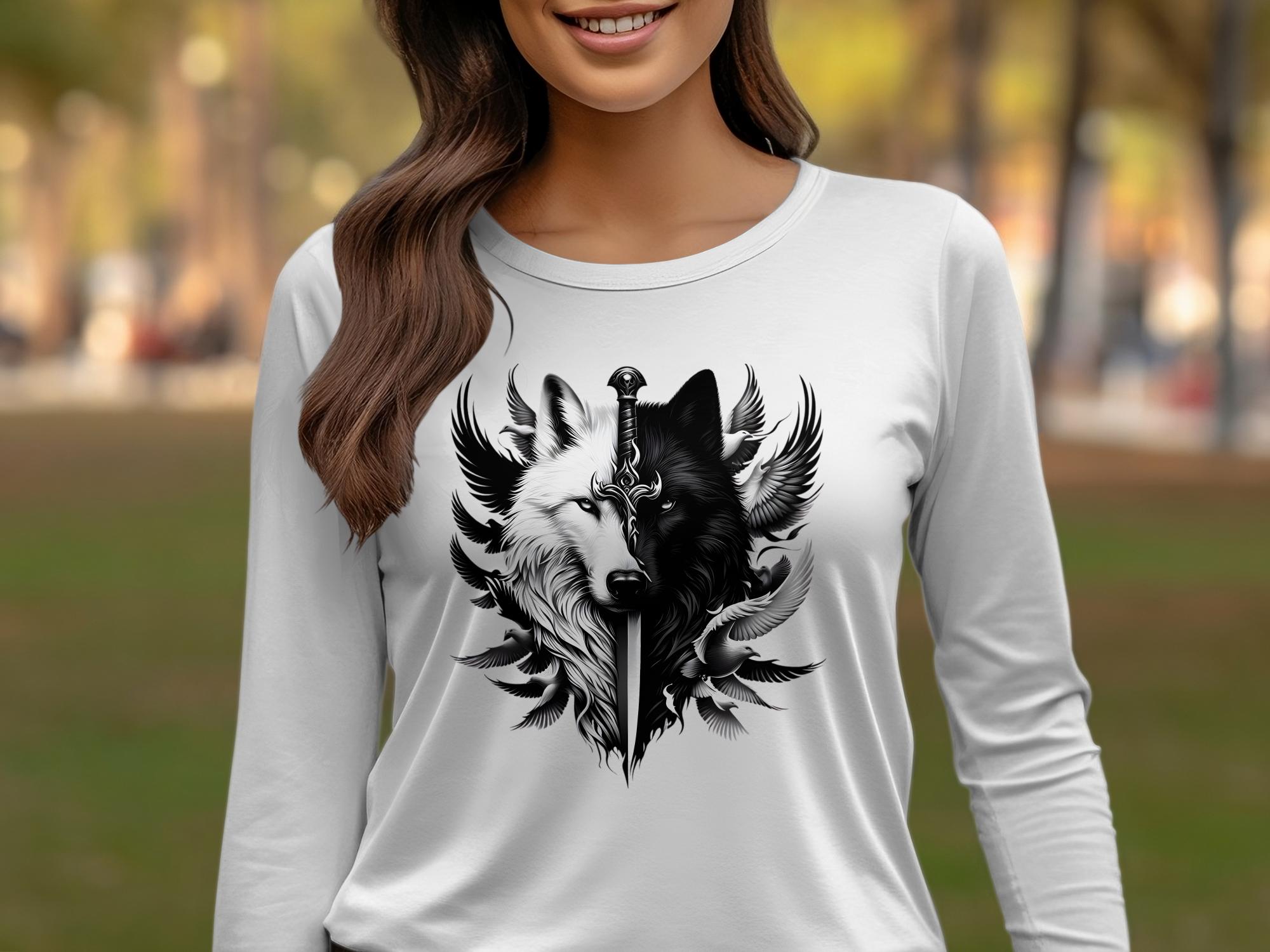 Wolf x Doves - Black White Gildan Long Sleeve Realistic Animal Talisman Unisex Tee Graphic Design