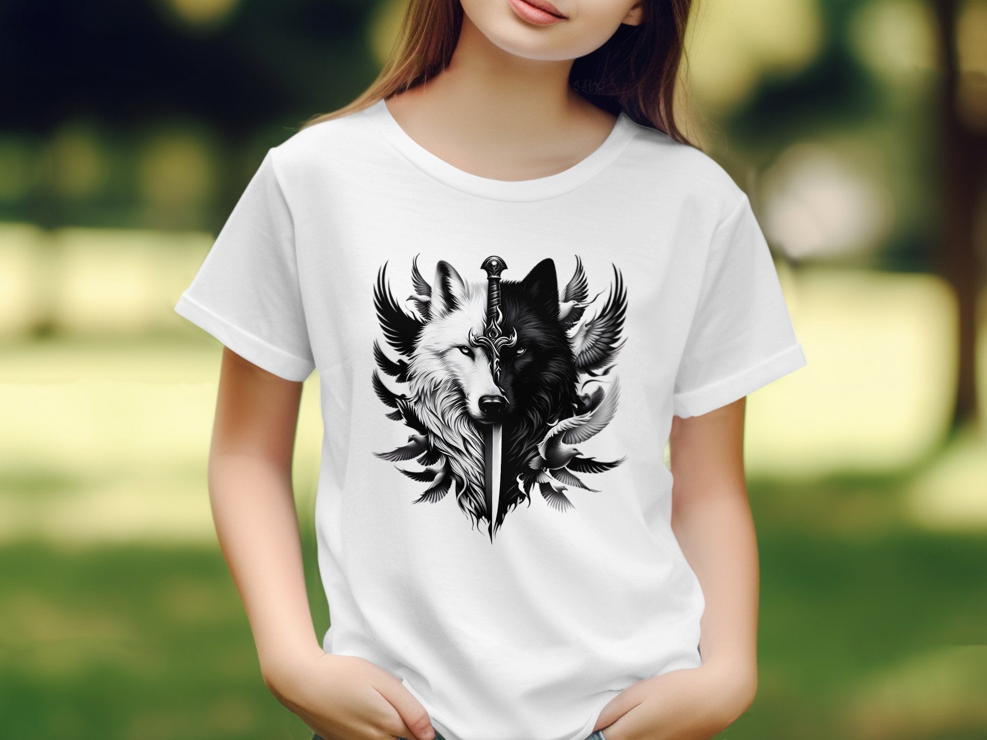 Wolf x Doves - Black White Gildan Kids T-Shirt Realistic Animal Talisman Unisex Tee Graphic Design