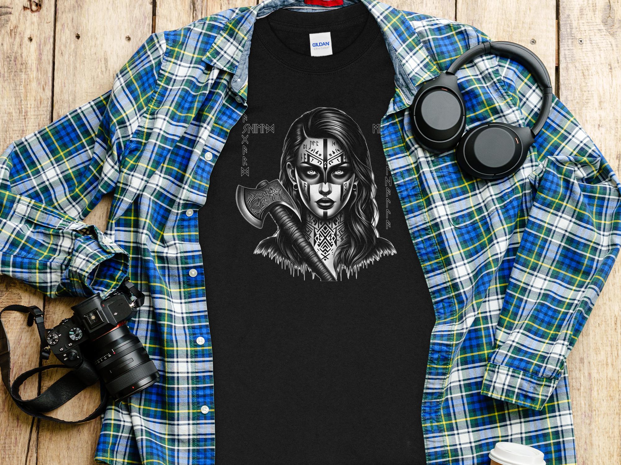 Viking Shield Maiden - Coloured Gildan Long Sleeve Realistic Norse Talisman Men Women Unisex Valhalla Tee Graphic Design