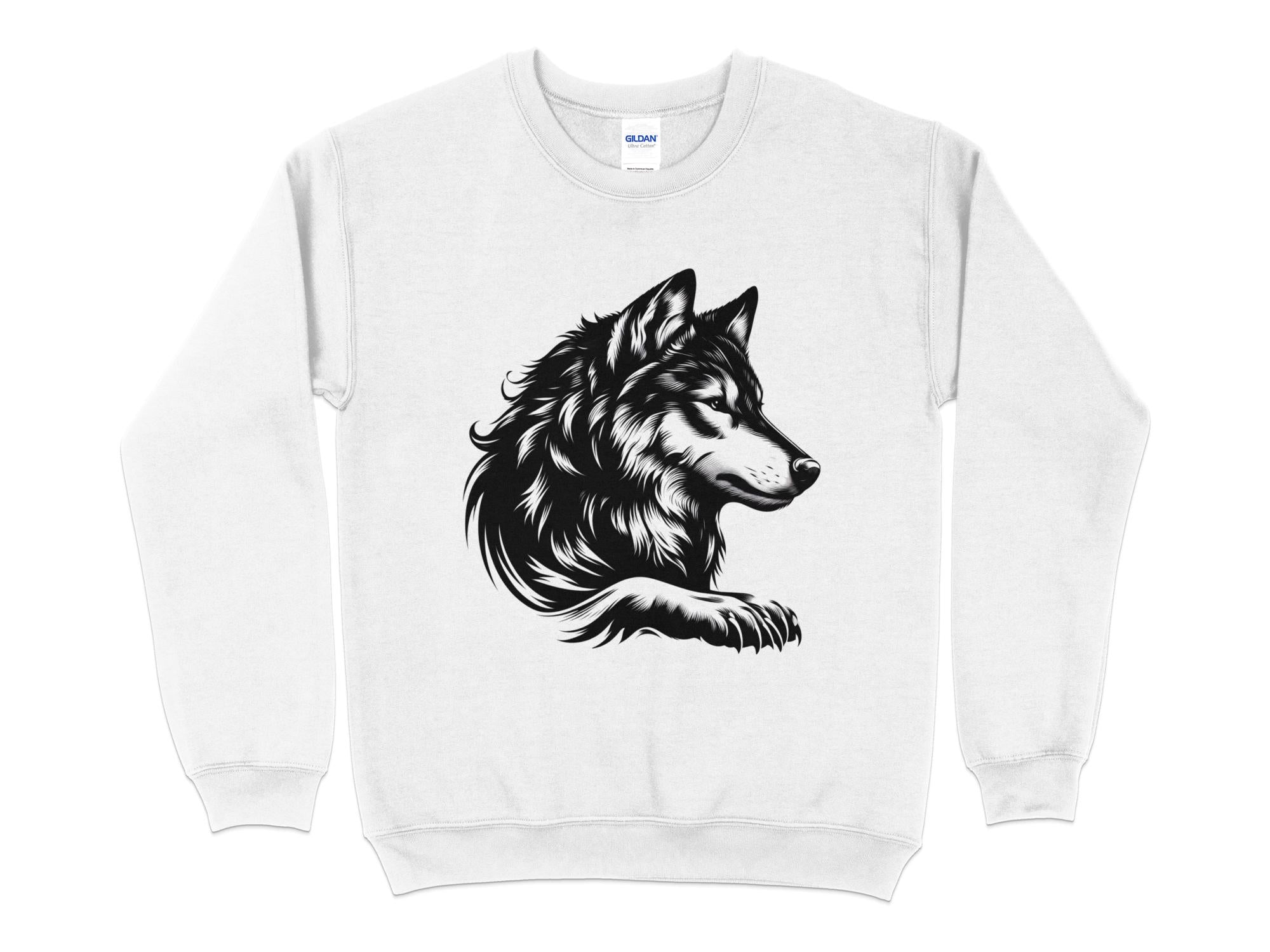 Wolf Tribal - Black White Gildan Sweatshirt Realistic Animal Talisman Unisex Tee Graphic Design