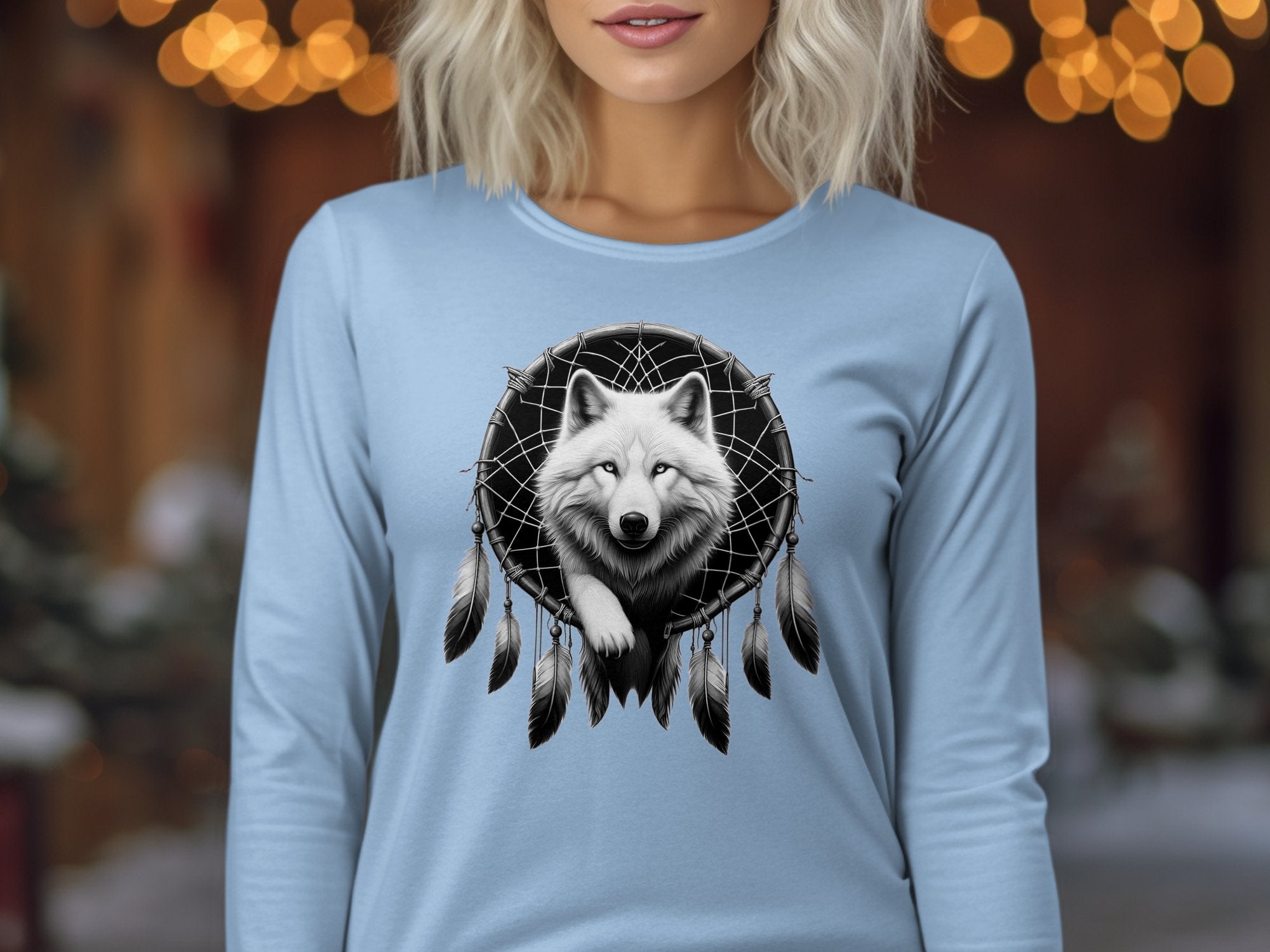 Dreamcatcher Wolf - Coloured Gildan Long Sleeve Realistic Native American Talisman Unisex Mythology Tee Graphic Design