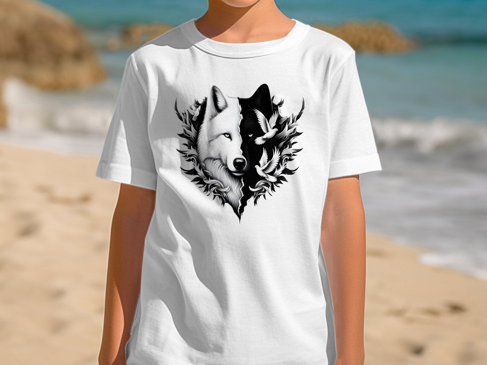 Wolf x Doves - Black White Gildan Kids T-Shirt Realistic Animal Talisman Unisex Tee Graphic Design