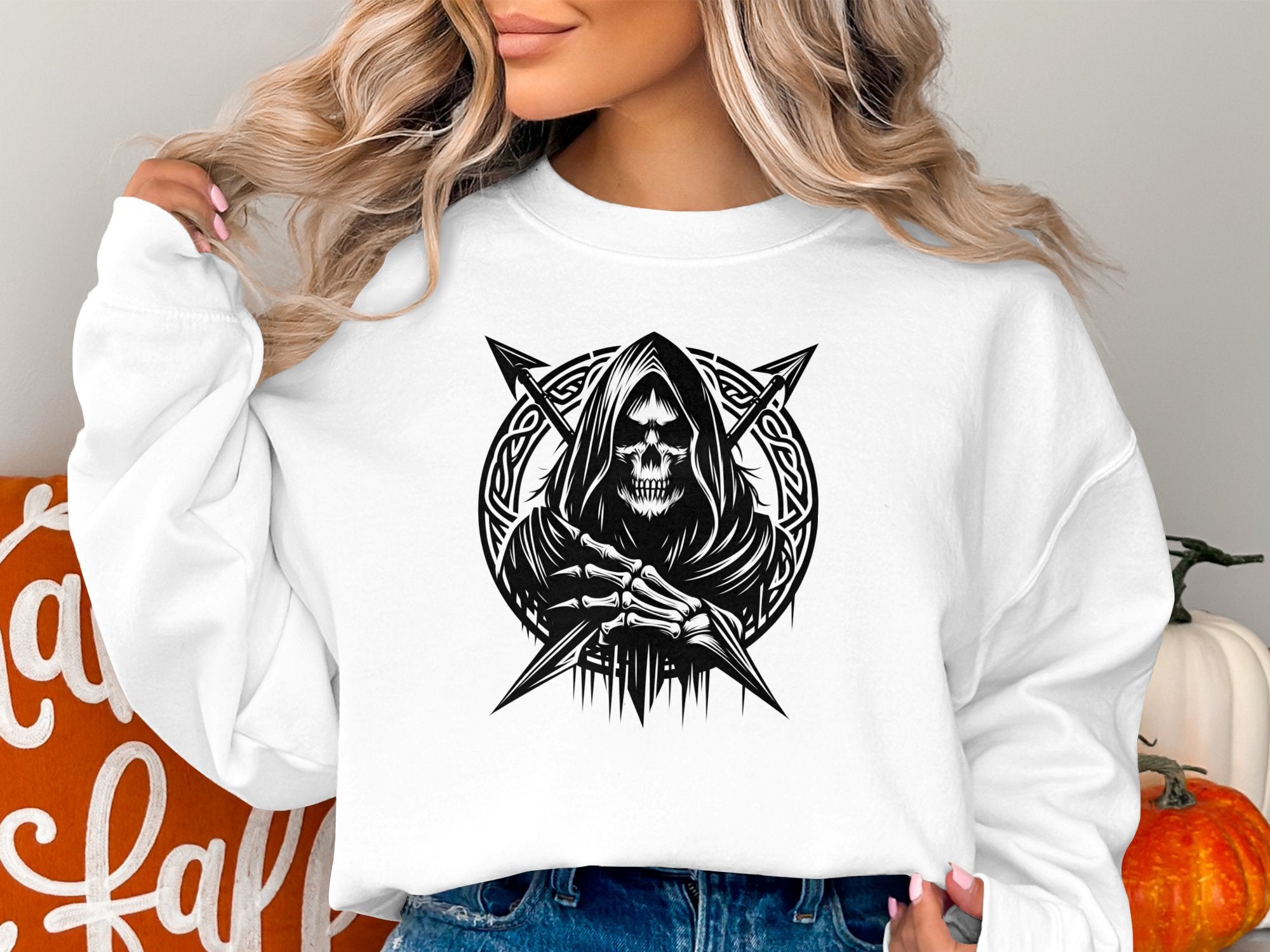 Grim Reaper - Black White Gildan Sweatshirt Commemorative Talisman Unisex Tee Graphic Design