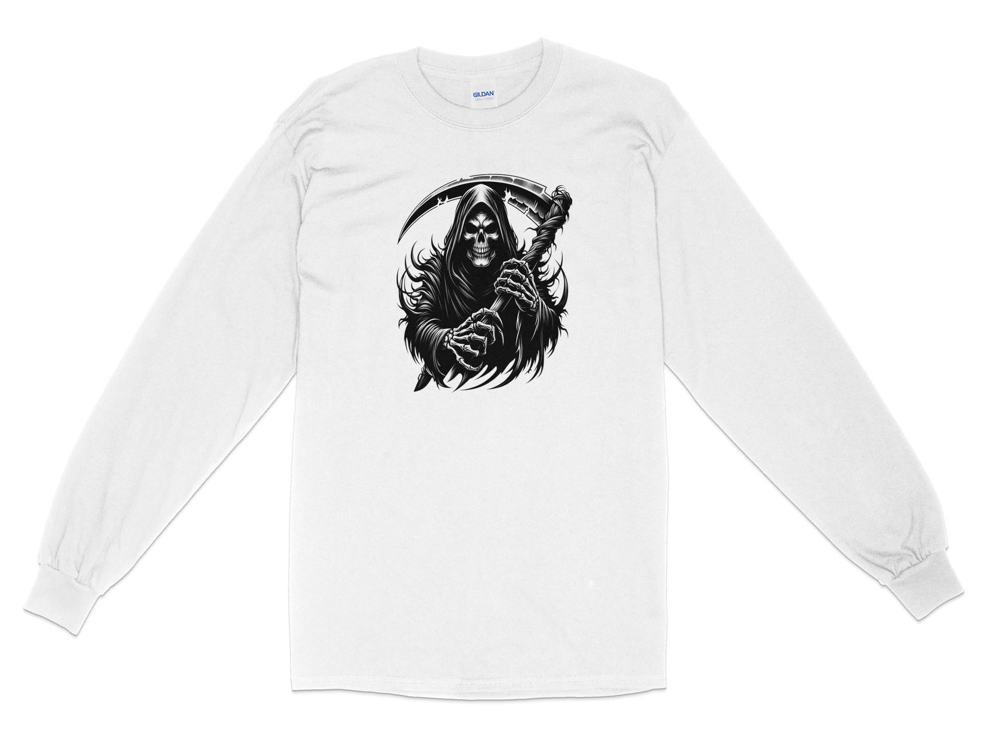 Grim Reaper - Black White Gildan Long Sleeve Commemorative Talisman Unisex Tee Graphic Design