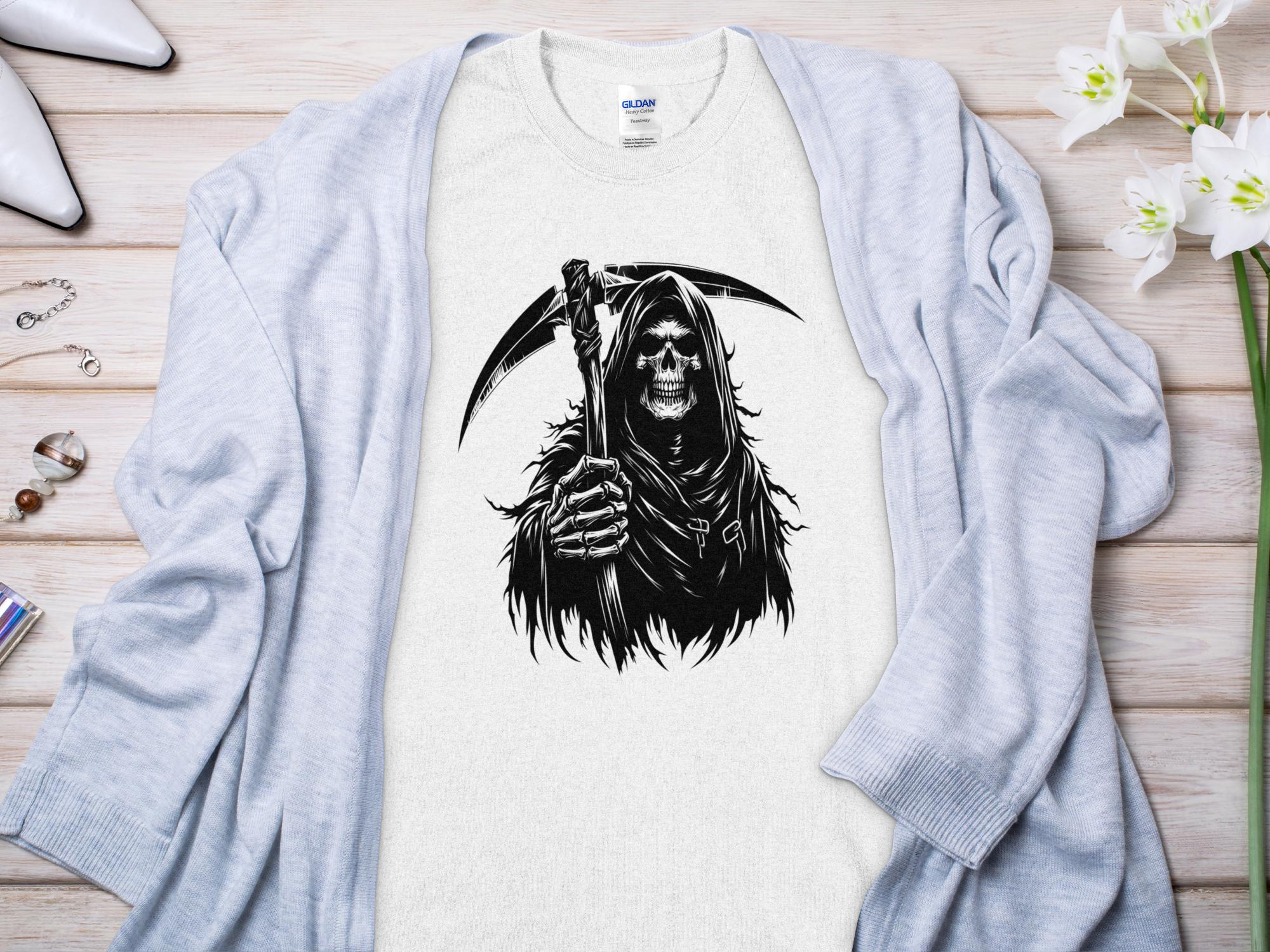 Grim Reaper - Black White Gildan T-Shirt Commemorative Talisman Unisex Tee Graphic Design