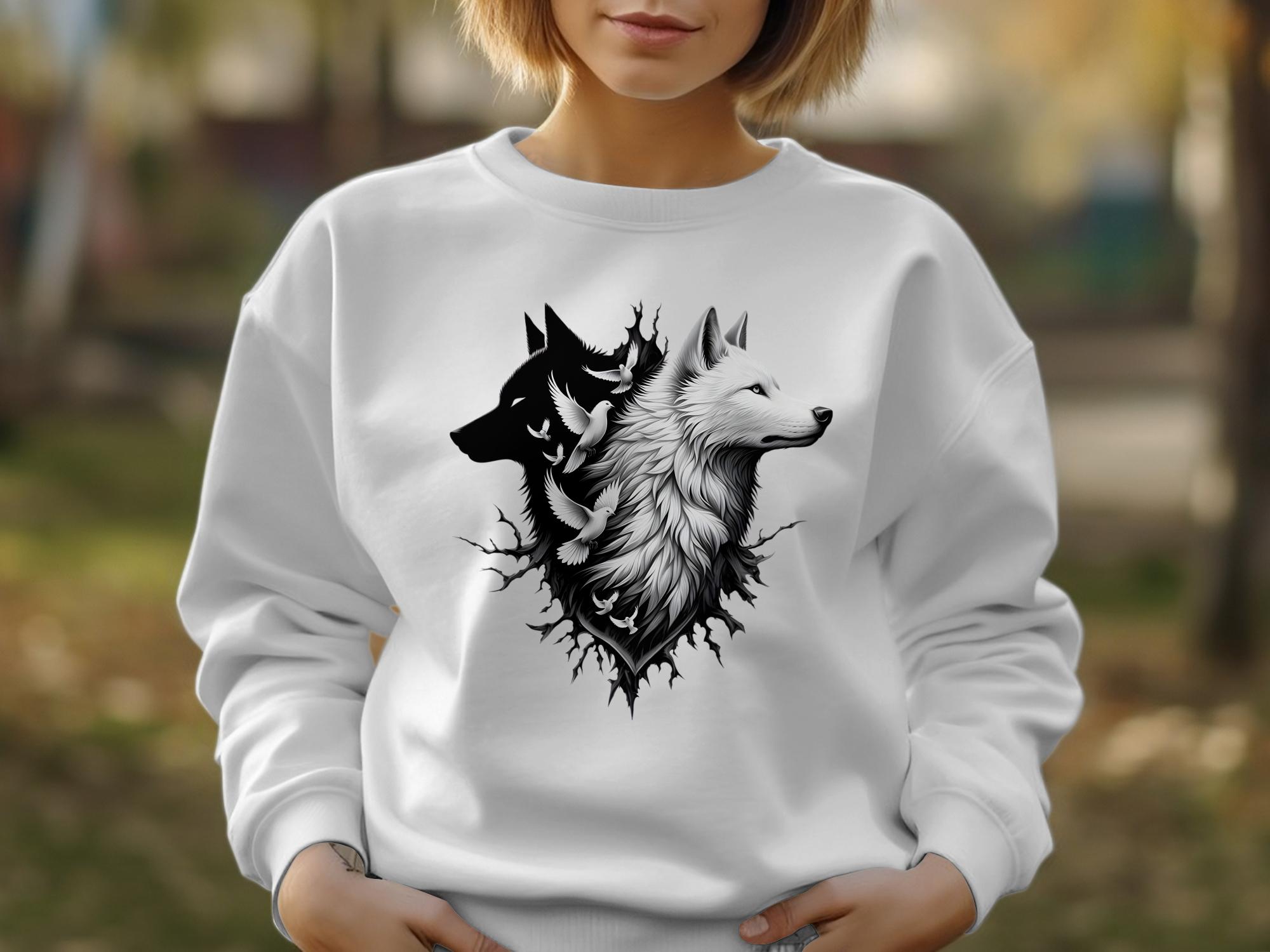 Wolf x Doves - Black White Gildan Sweatshirt Realistic Animal Talisman Unisex Tee Graphic Design