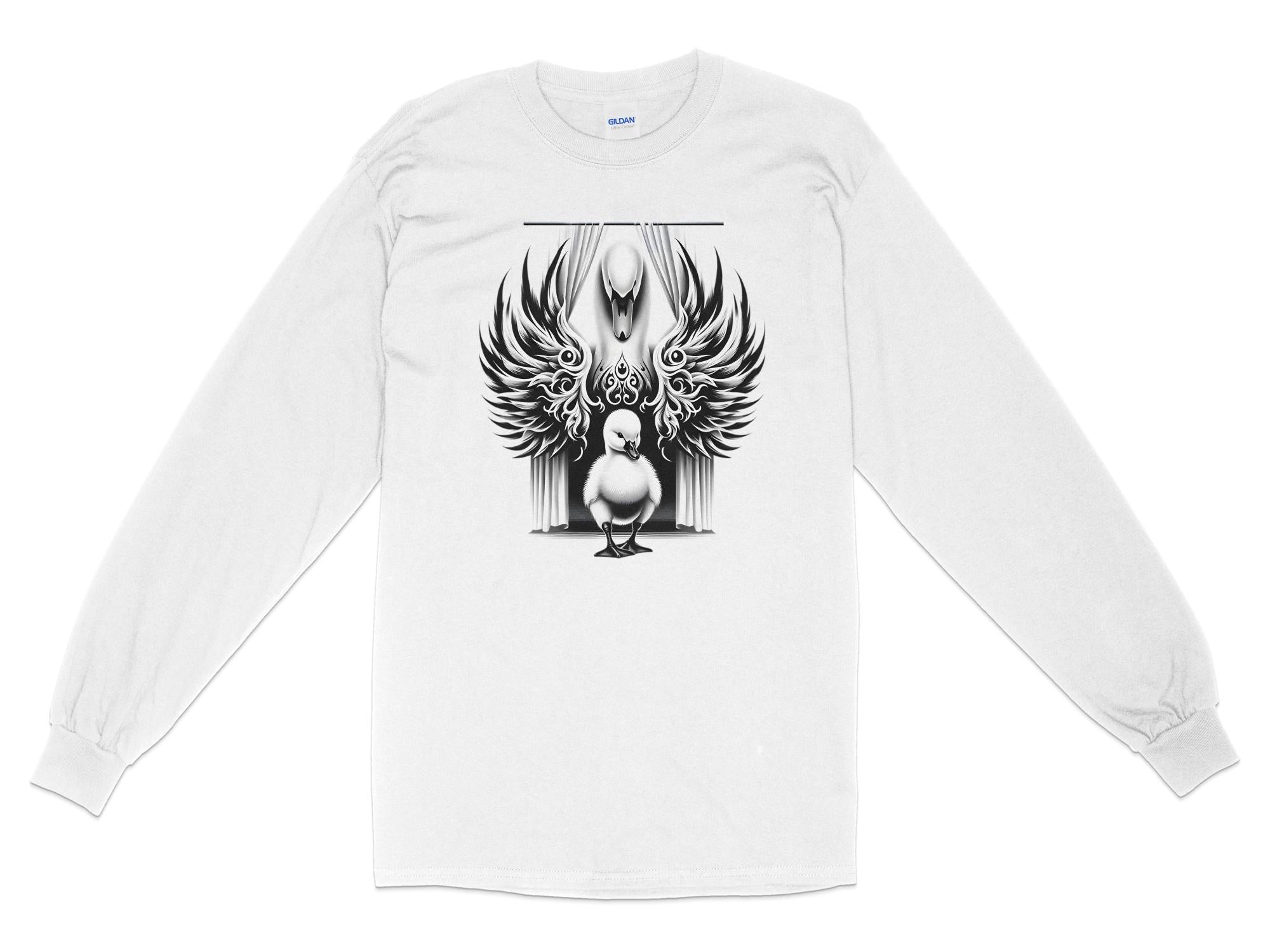 Swan & Cygnet- Black White Gildan Long Sleeve Realistic Family Talisman Unisex Tee Graphic Design