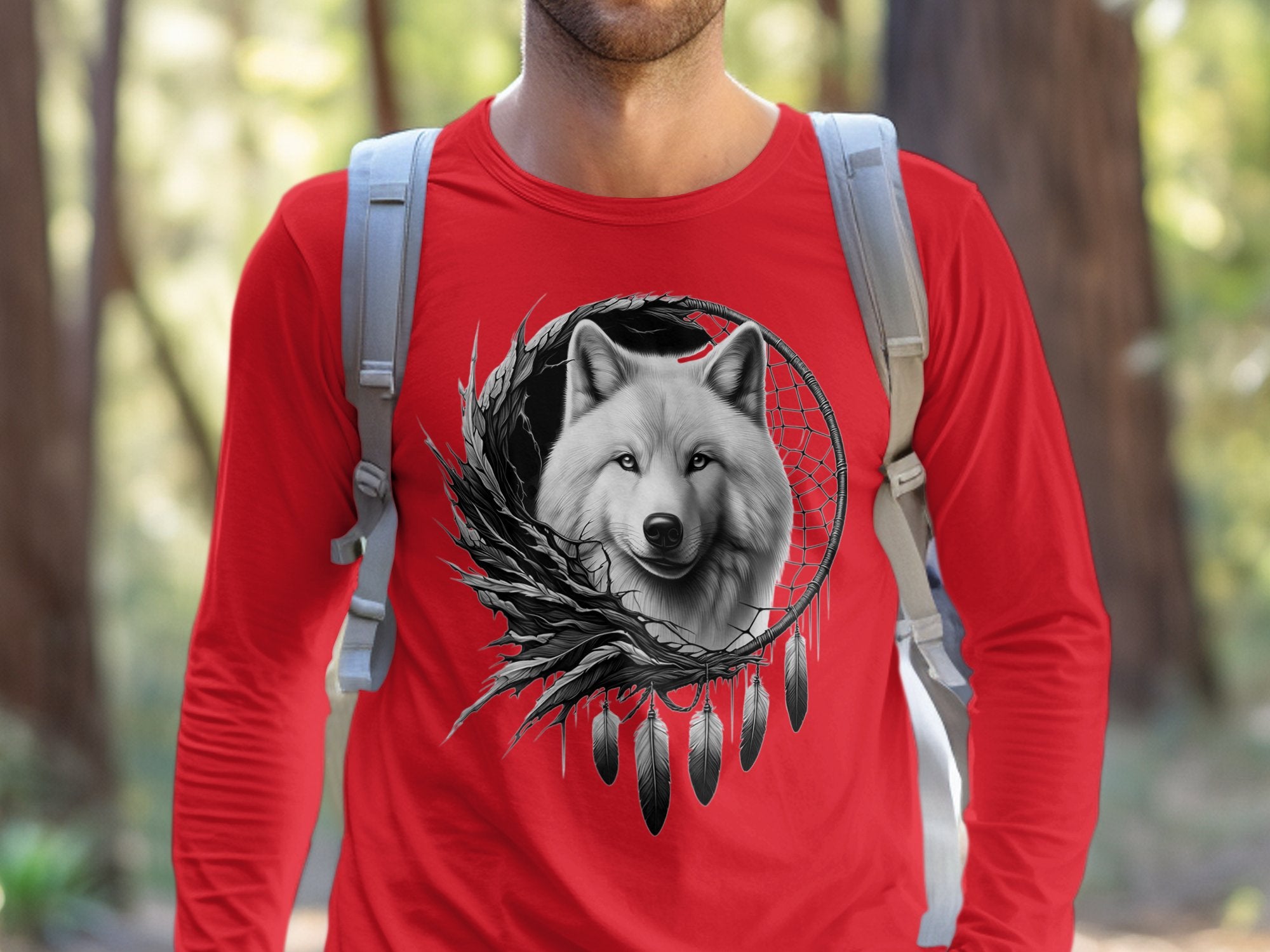 Dreamcatcher Wolf - Coloured Gildan Long Sleeve Realistic Native American Talisman Unisex Mythology Tee Graphic Design