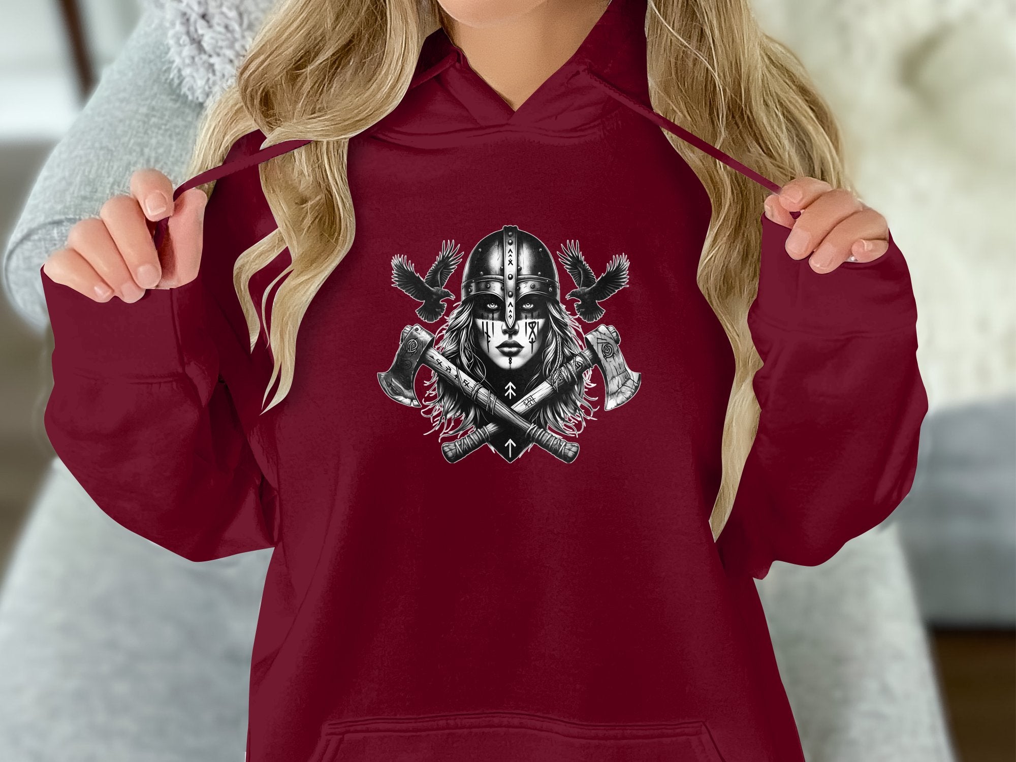 Viking Shield Maiden - Coloured Gildan Hoodie Realistic Norse Talisman Men Women Unisex Valhalla Tee Graphic Design