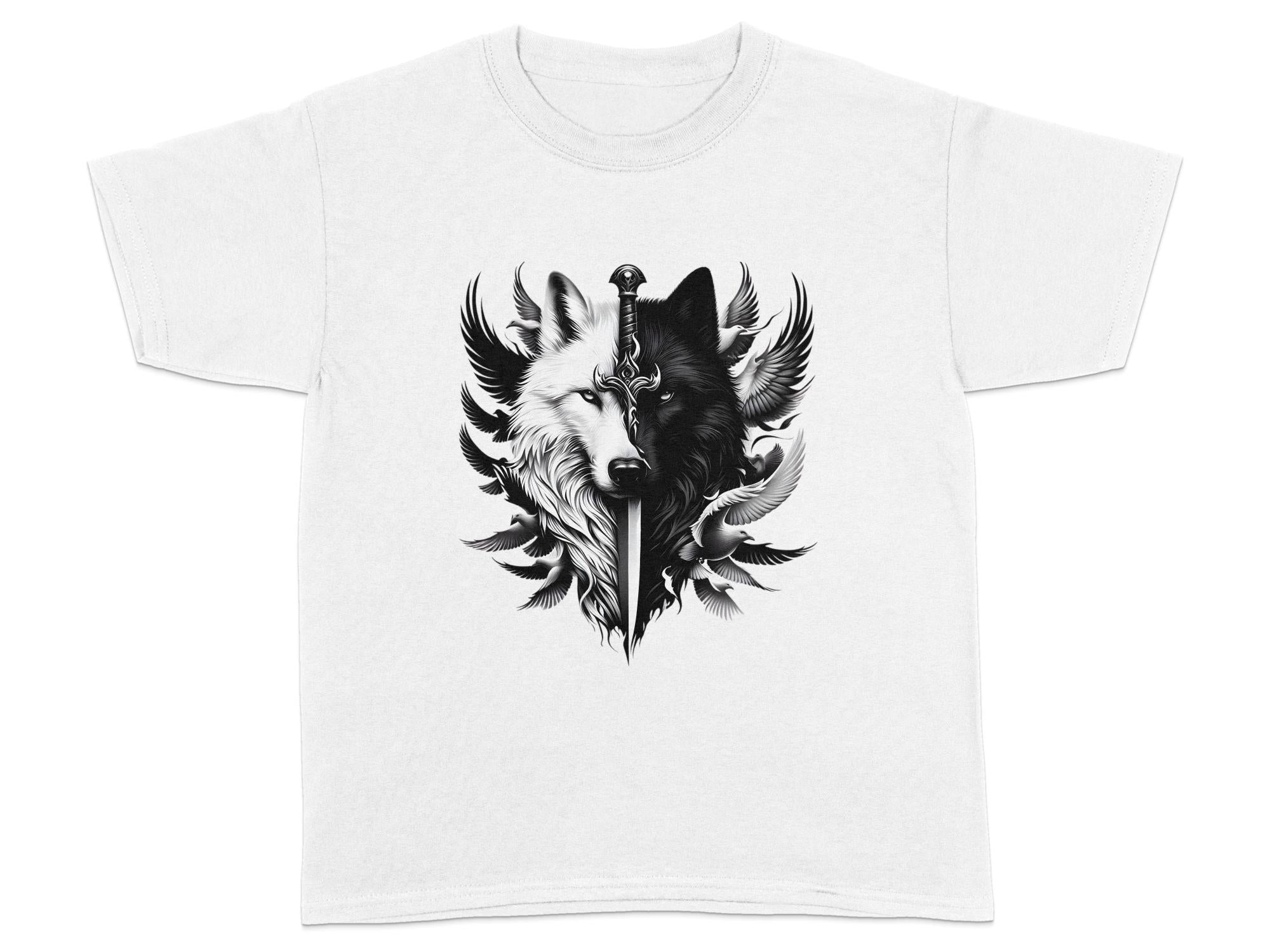 Wolf x Doves - Black White Gildan Kids T-Shirt Realistic Animal Talisman Unisex Tee Graphic Design