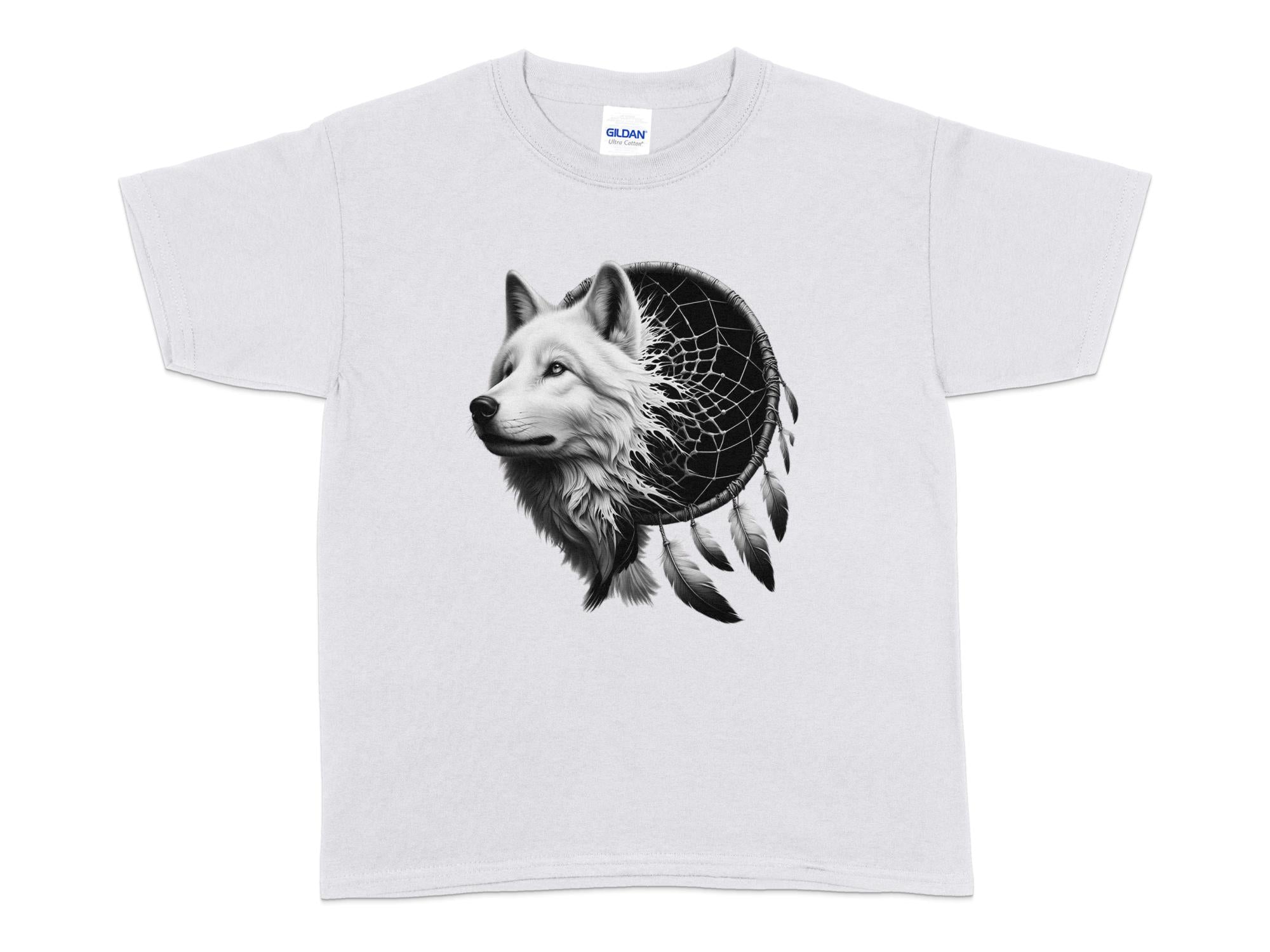 Dreamcatcher Wolf - Coloured Gildan Kids T-Shirt Realistic Native American Talisman Unisex Mythology Tee Graphic Design