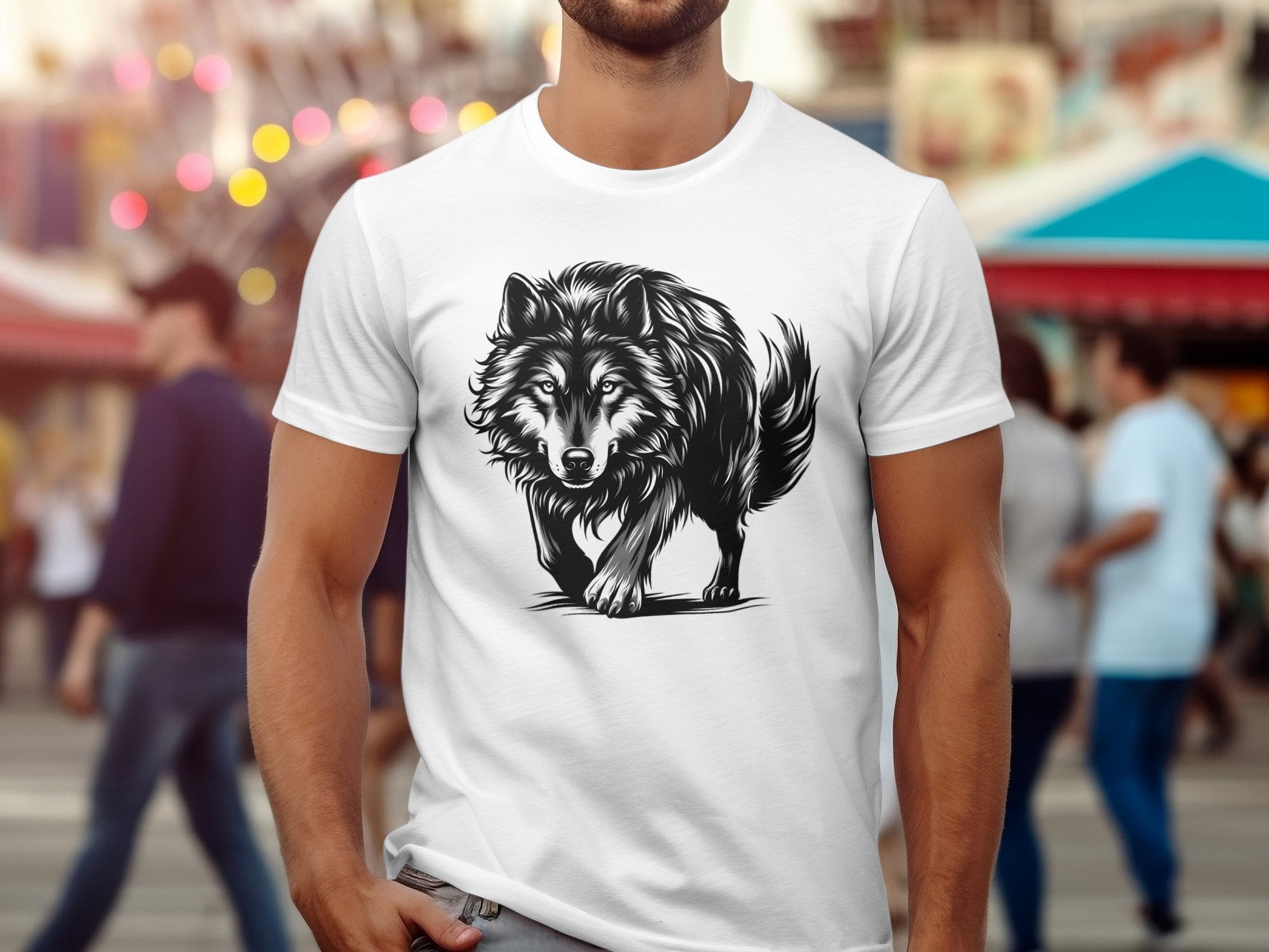 Wolf Tribal - Black White Gildan T-Shirt Realistic Animal Talisman Unisex Tee Graphic Design