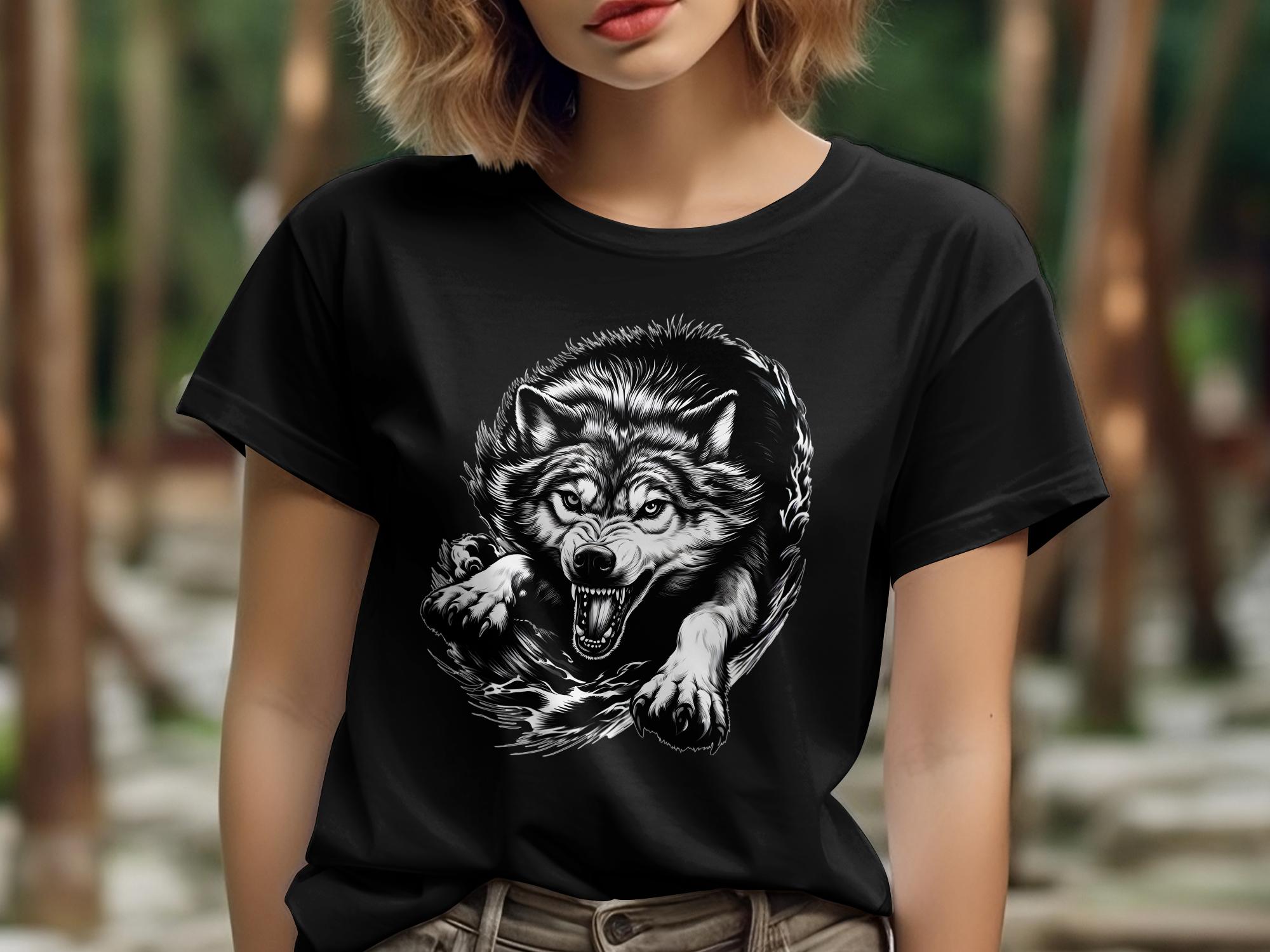 Wolf Tribal - Black White Gildan T-Shirt Realistic Animal Talisman Unisex Tee Graphic Design