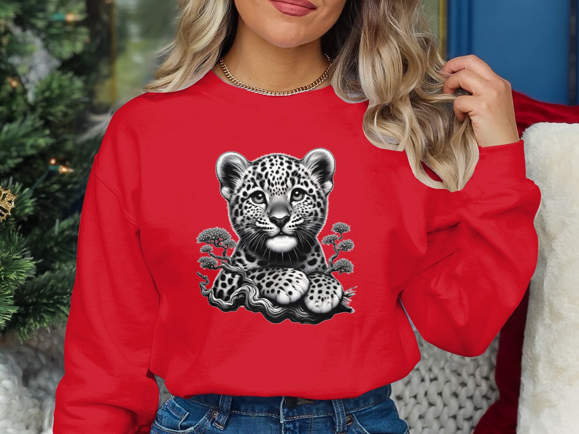 Leopard Bonsai - Coloured Gildan Sweatshirt Realistic Animal Talisman Unisex Cute Tee Graphic Design