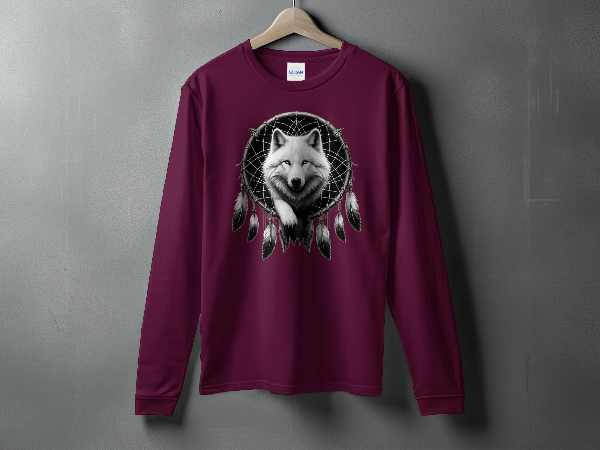 Dreamcatcher Wolf - Coloured Gildan Long Sleeve Realistic Native American Talisman Unisex Mythology Tee Graphic Design