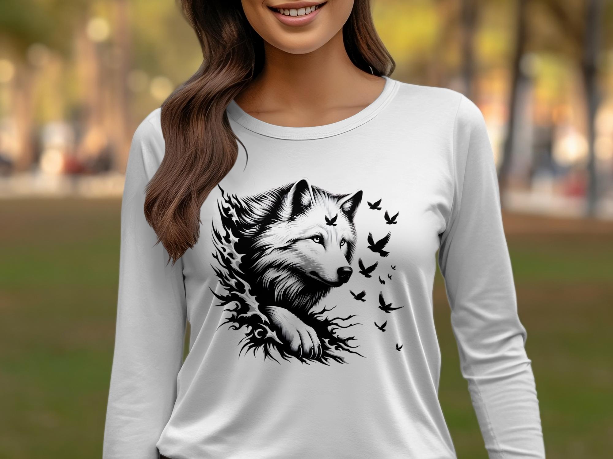 Wolf x Doves - Black White Gildan Long Sleeve Realistic Animal Talisman Unisex Tee Graphic Design