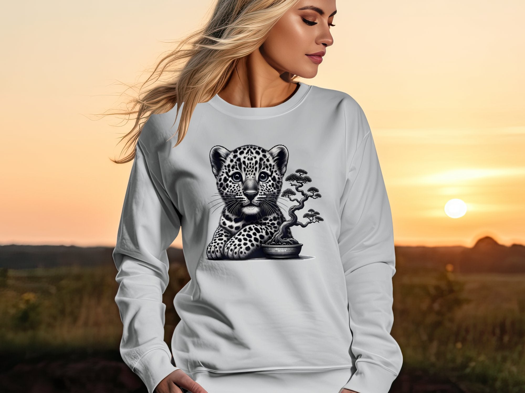 Leopard Bonsai - Coloured Gildan Sweatshirt Realistic Animal Talisman Unisex Cute Tee Graphic Design