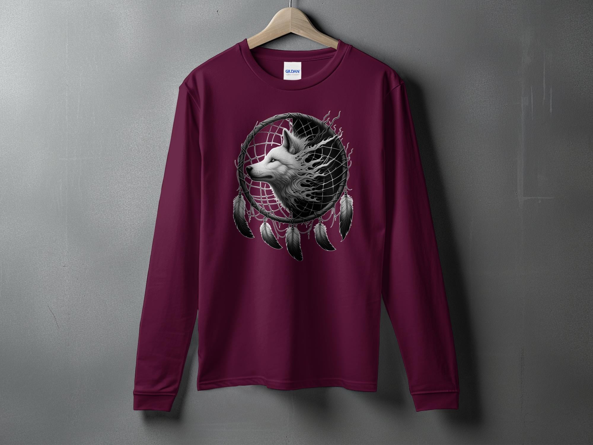 Dreamcatcher Wolf - Coloured Gildan Long Sleeve Realistic Native American Talisman Unisex Mythology Tee Graphic Design