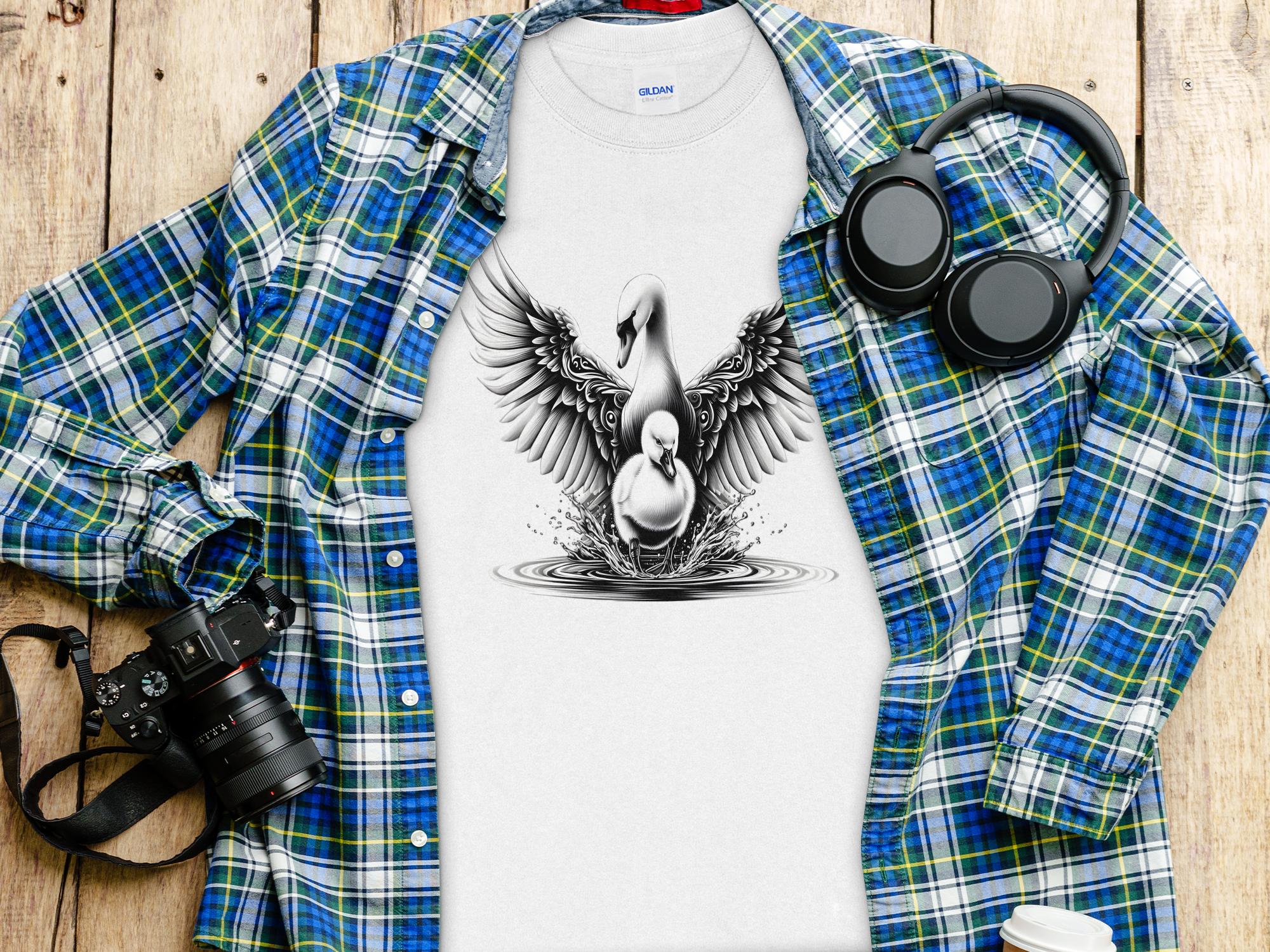 Swan & Cygnet- Black White Gildan Long Sleeve Realistic Family Talisman Unisex Tee Graphic Design