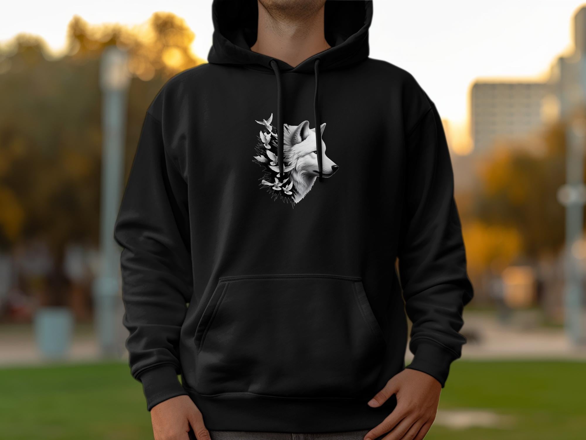 Wolf x Doves - Black White Gildan Hoodie Realistic Animal Talisman Unisex Tee Graphic Design