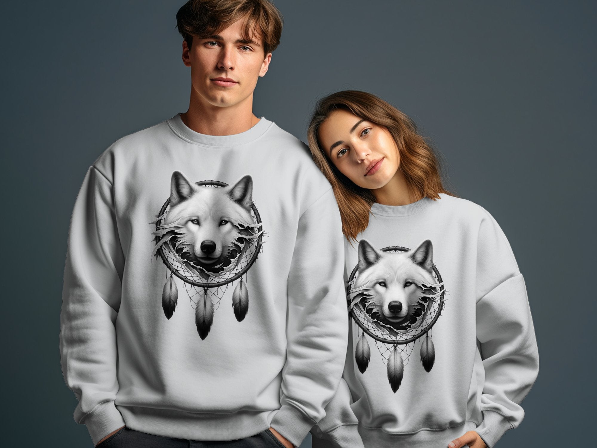 Dreamcatcher Wolf - Coloured Gildan Sweatshirt Realistic Native American Talisman Unisex Mythology Tee Graphic Design