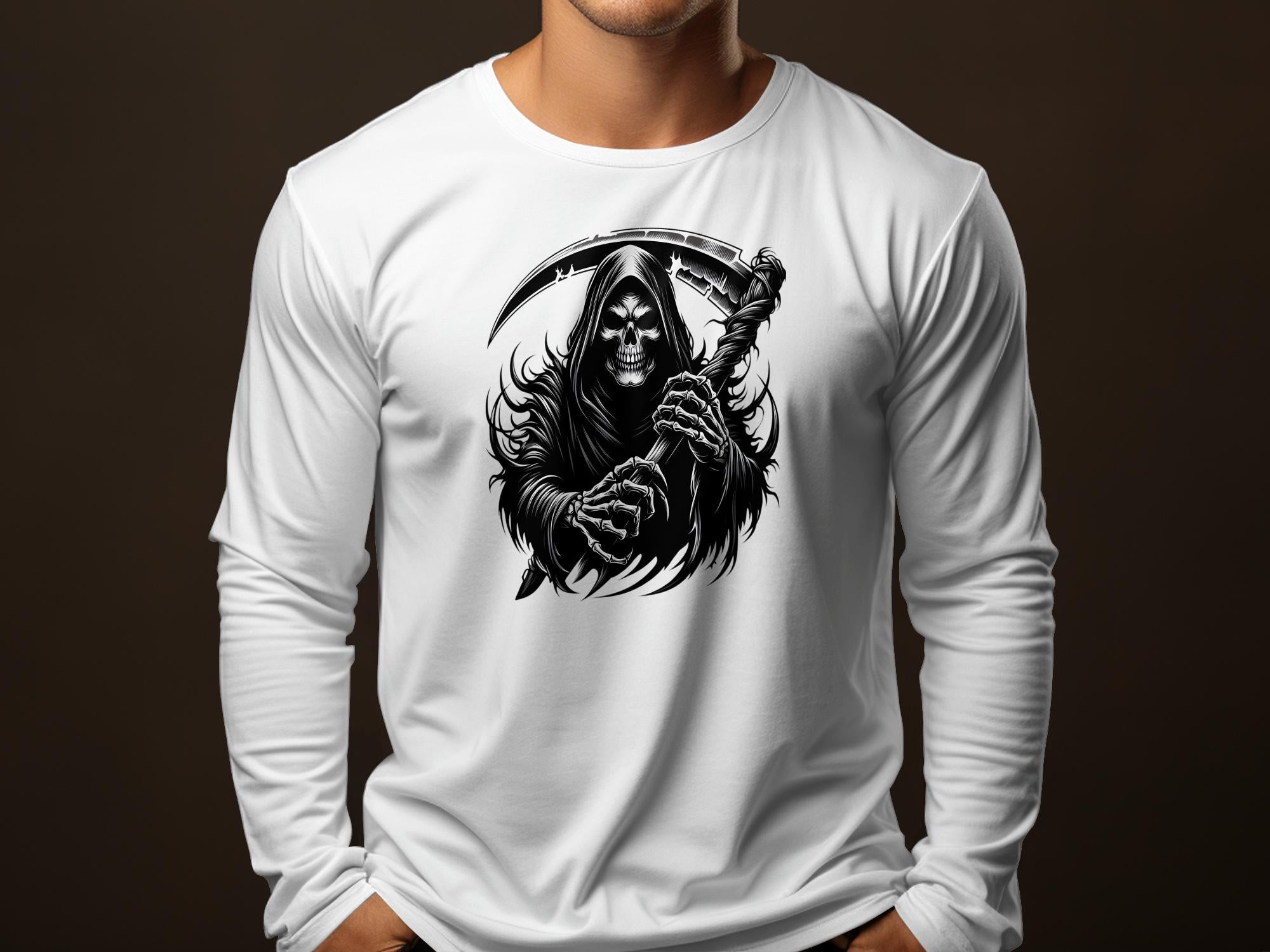 Grim Reaper - Black White Gildan Long Sleeve Commemorative Talisman Unisex Tee Graphic Design