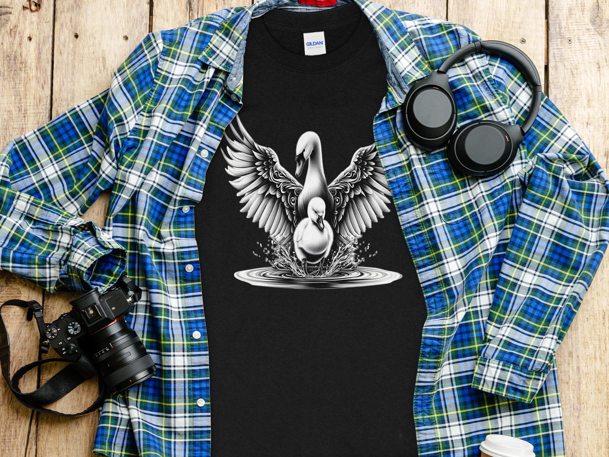 Swan & Cygnet- Black White Gildan Long Sleeve Realistic Family Talisman Unisex Tee Graphic Design