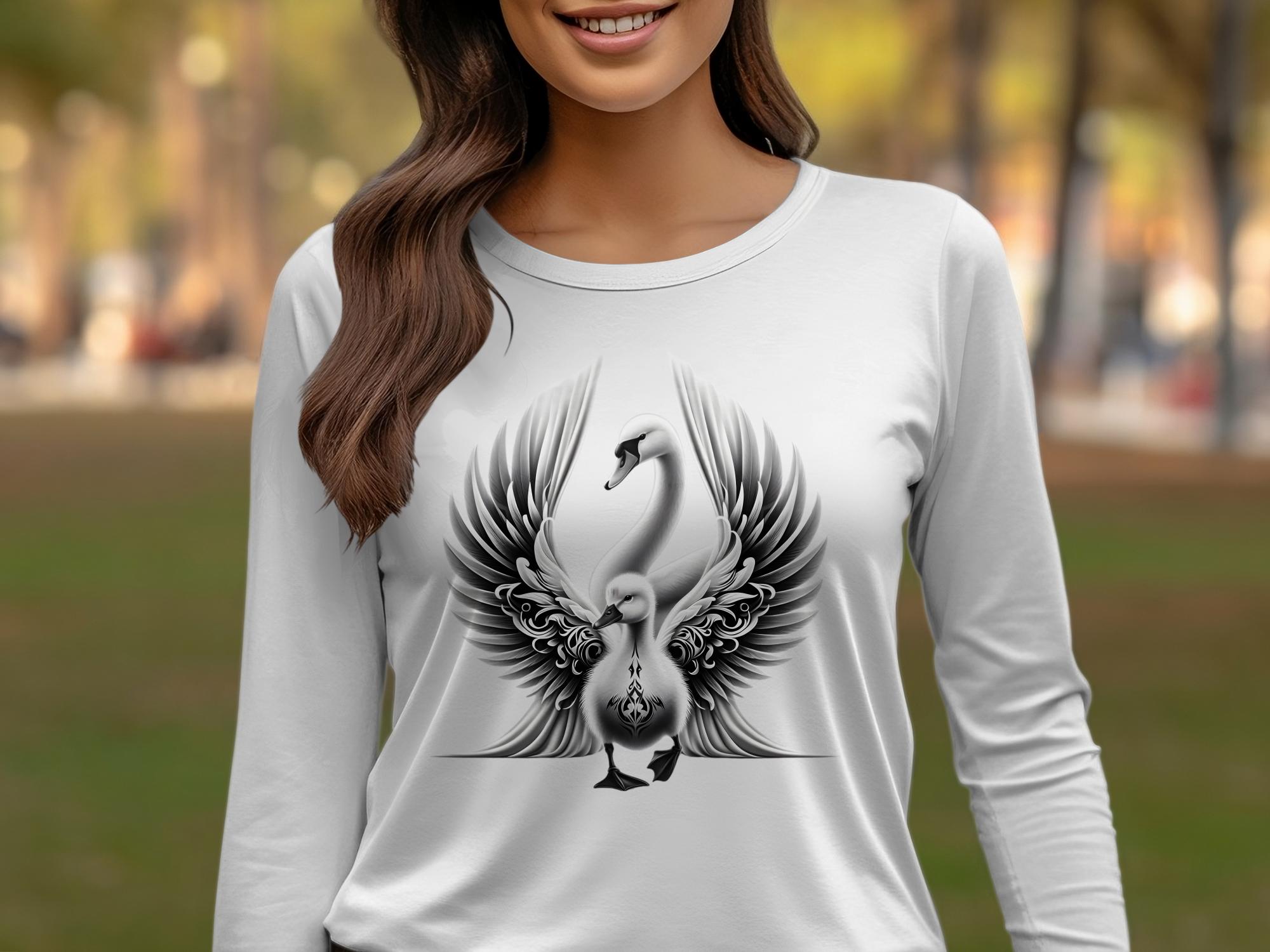 Swan & Cygnet- Black White Gildan Long Sleeve Realistic Family Talisman Unisex Tee Graphic Design