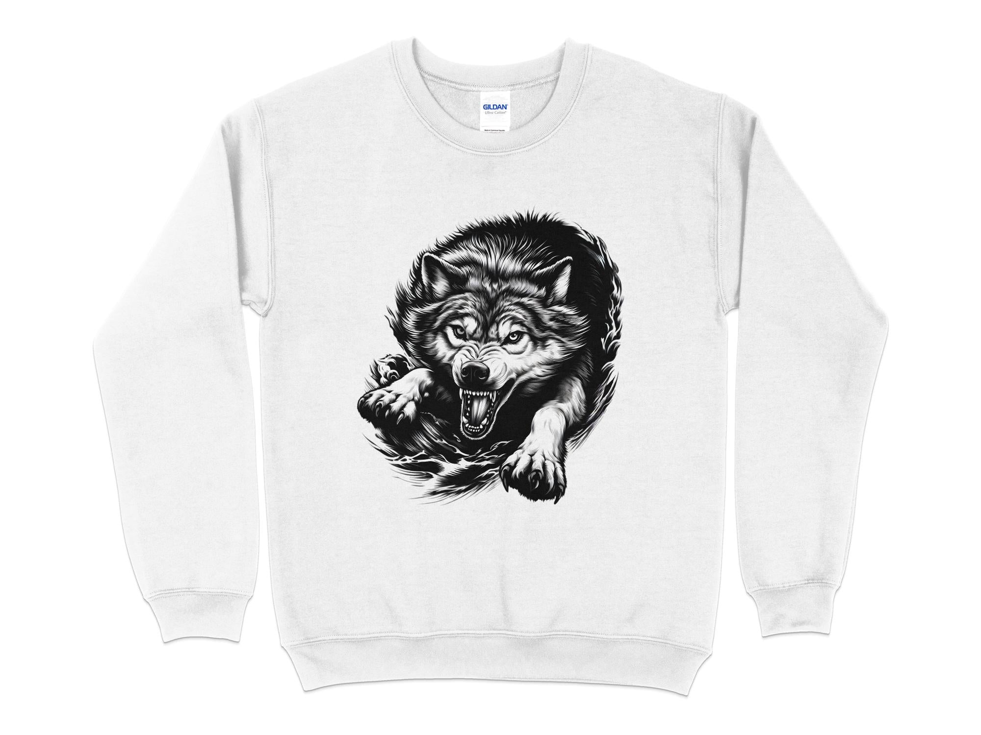 Wolf Tribal - Black White Gildan Sweatshirt Realistic Animal Talisman Unisex Tee Graphic Design