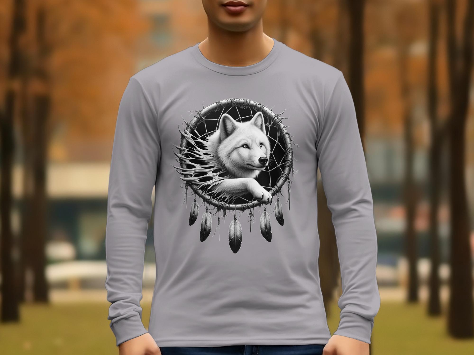 Dreamcatcher Wolf - Coloured Gildan Long Sleeve Realistic Native American Talisman Unisex Mythology Tee Graphic Design