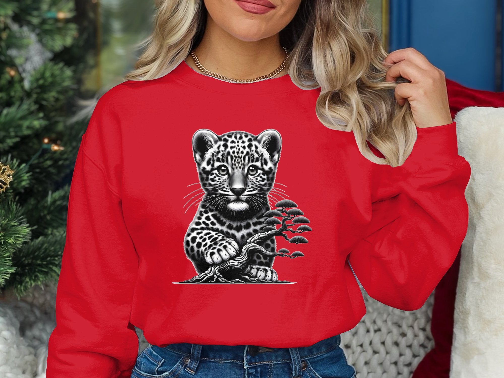 Leopard Bonsai - Coloured Gildan Sweatshirt Realistic Animal Talisman Unisex Cute Tee Graphic Design