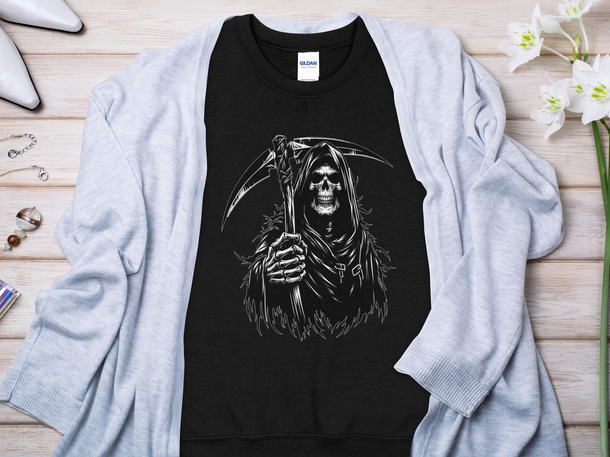 Grim Reaper - Black White Gildan Sweatshirt Commemorative Talisman Unisex Tee Graphic Design