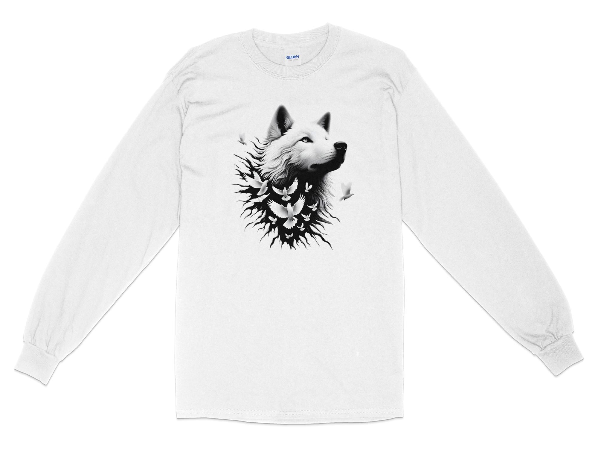 Wolf x Doves - Black White Gildan Long Sleeve Realistic Animal Talisman Unisex Tee Graphic Design