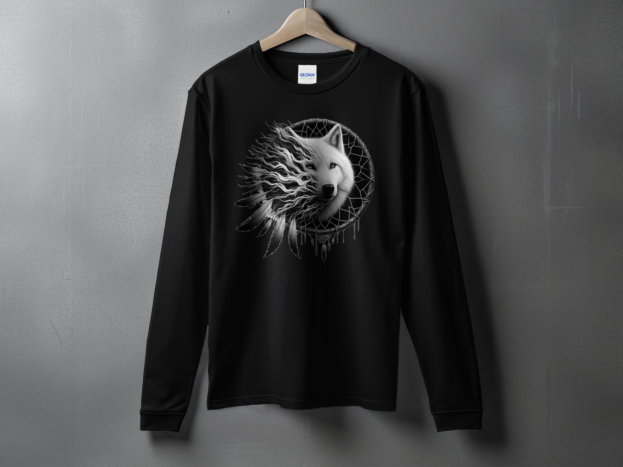 Dreamcatcher Wolf - Coloured Gildan Long Sleeve Realistic Native American Talisman Unisex Mythology Tee Graphic Design