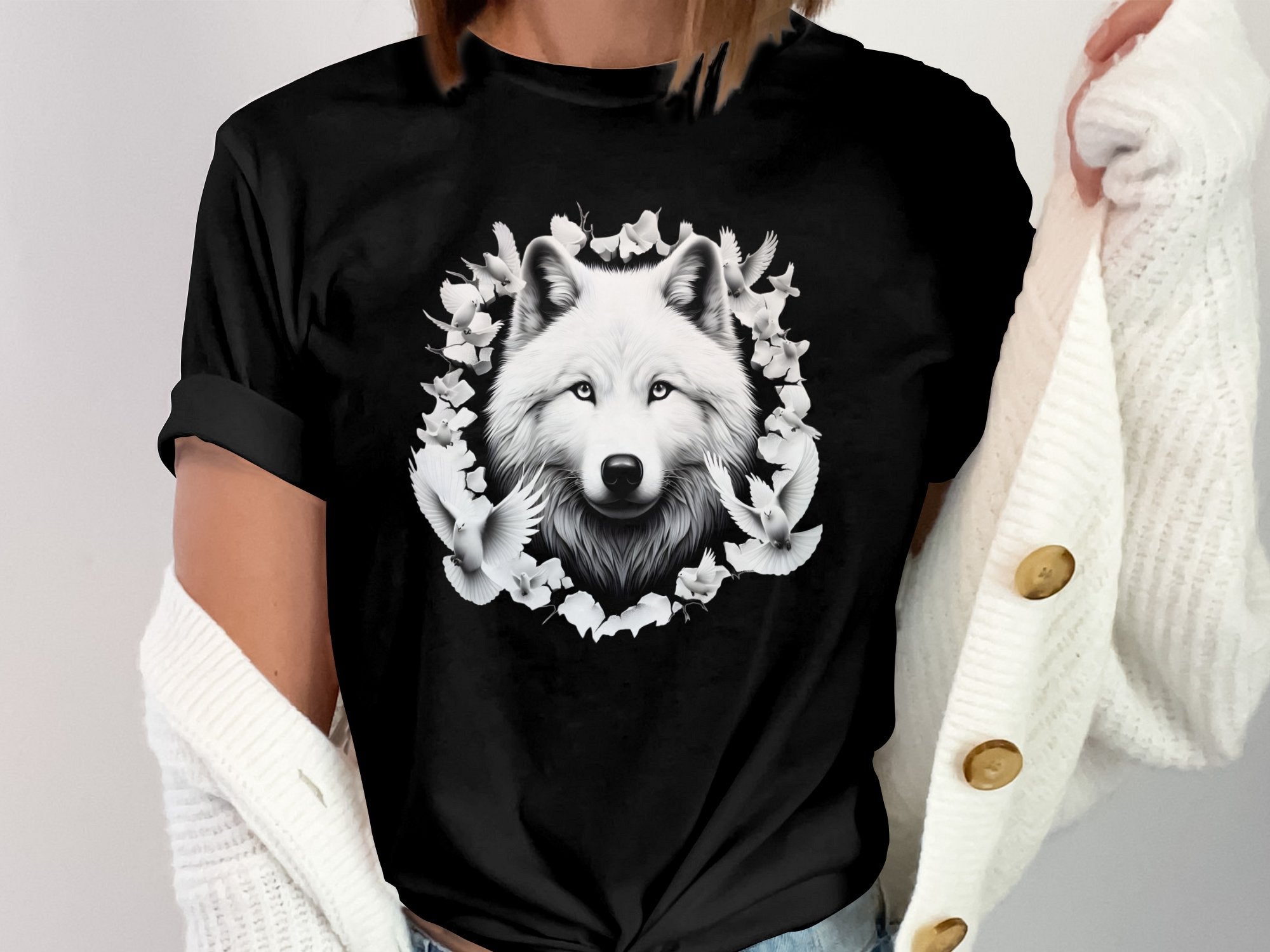 Wolf x Doves - Black White Gildan T-Shirt Realistic Animal Talisman Unisex Tee Graphic Design