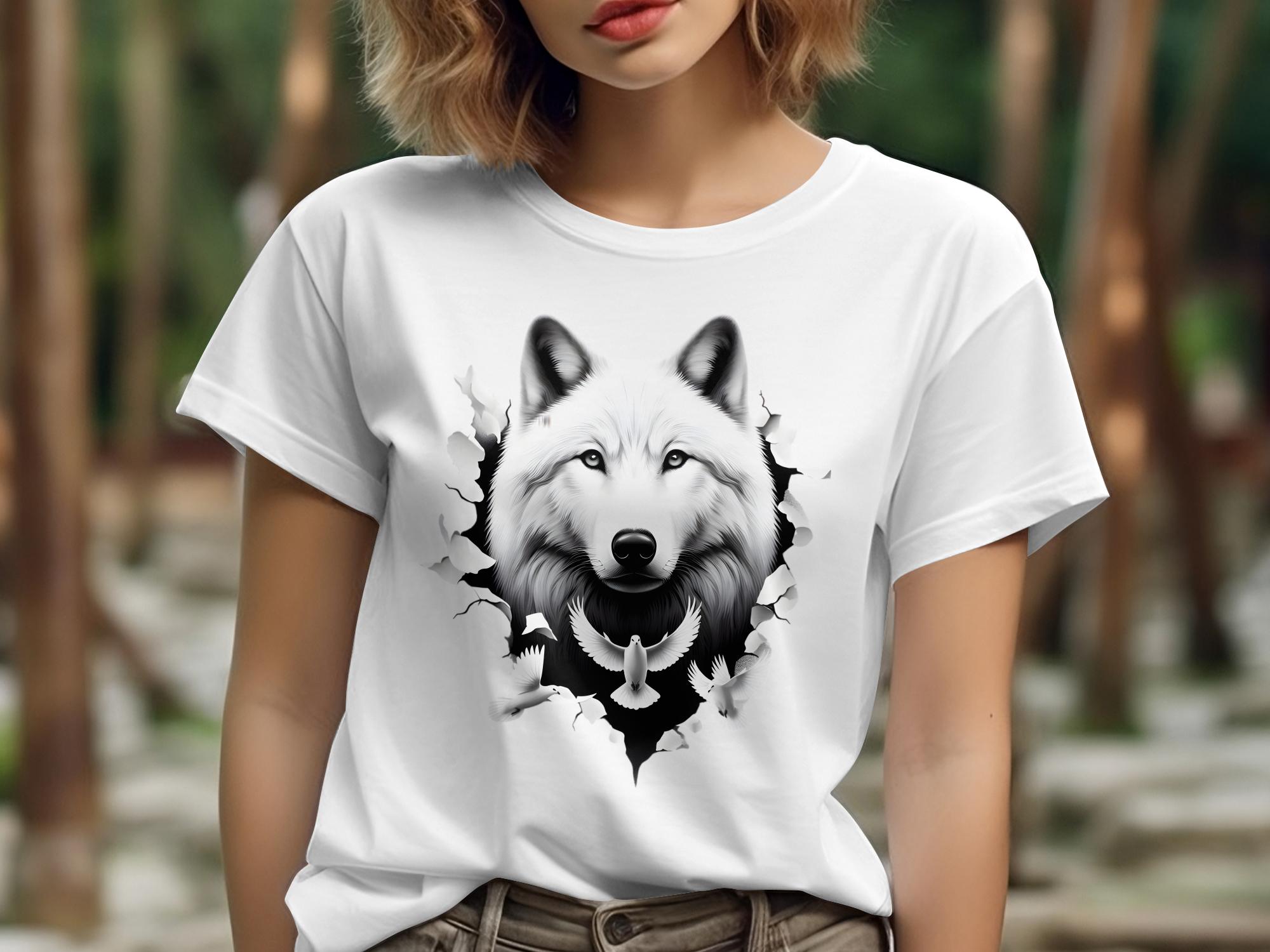 Wolf x Doves - Black White Gildan T-Shirt Realistic Animal Talisman Unisex Tee Graphic Design