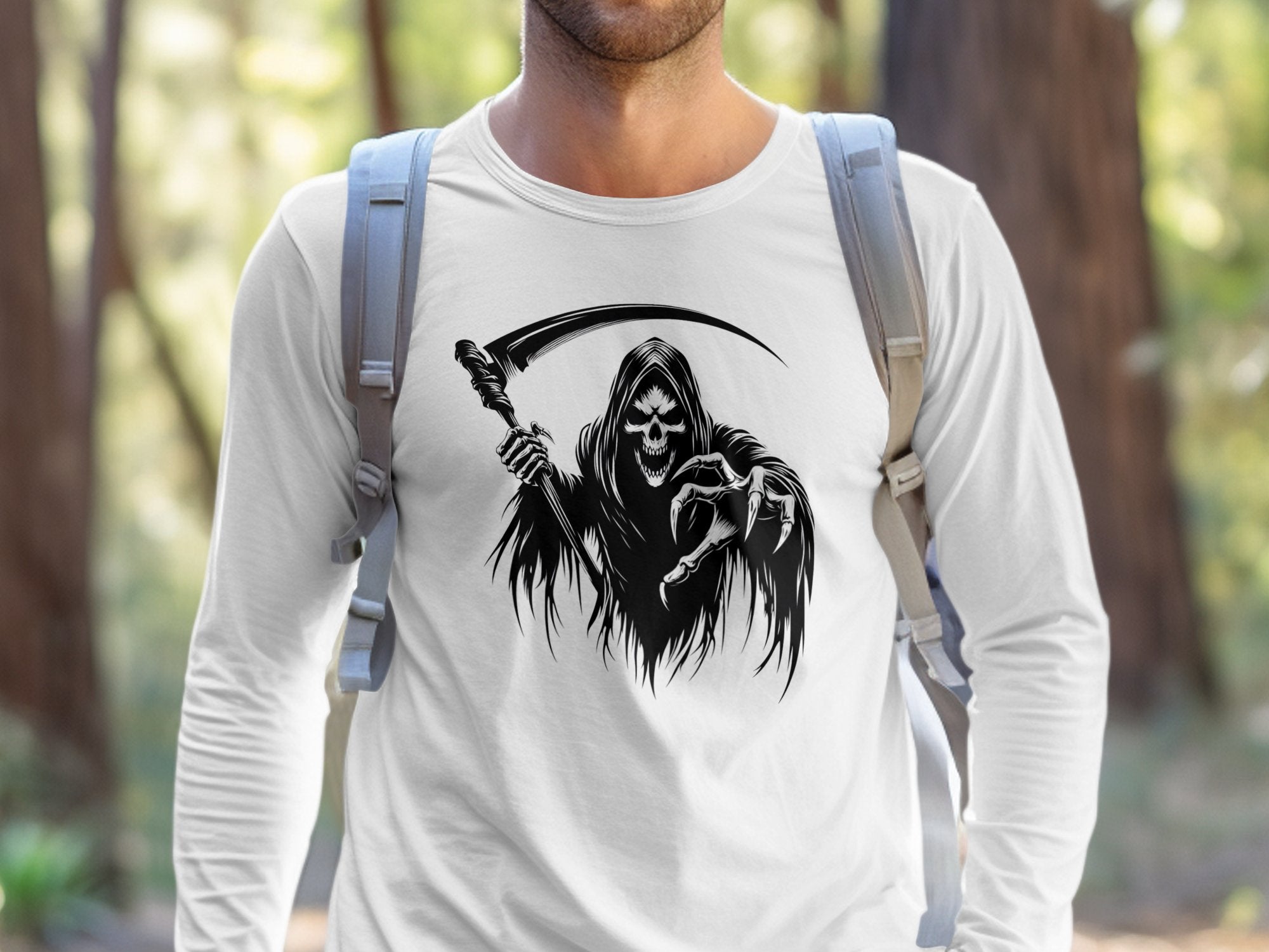 Grim Reaper - Black White Gildan Long Sleeve Commemorative Talisman Unisex Tee Graphic Design