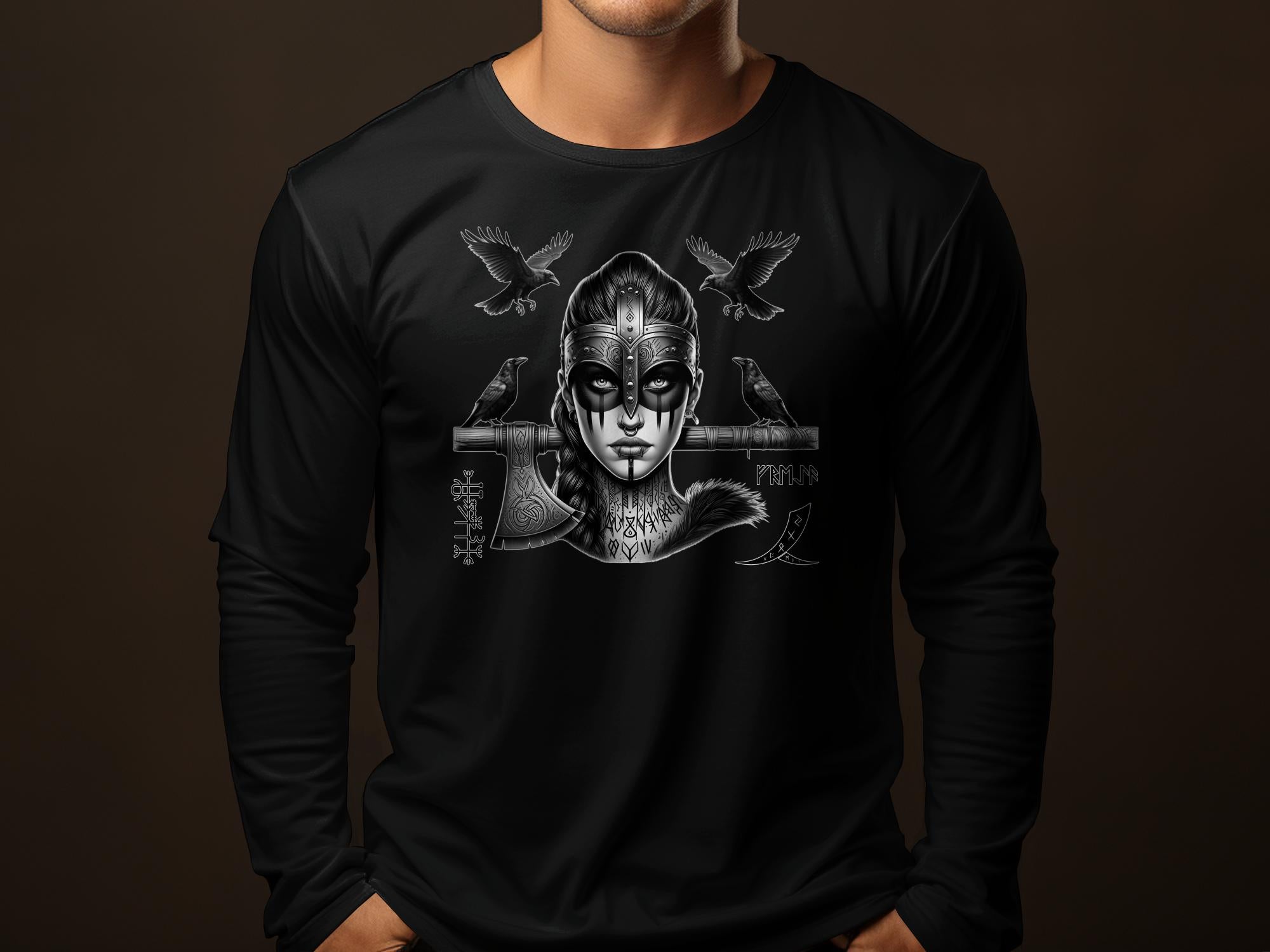 Viking Shield Maiden - Coloured Gildan Long Sleeve Realistic Norse Talisman Men Women Unisex Valhalla Tee Graphic Design