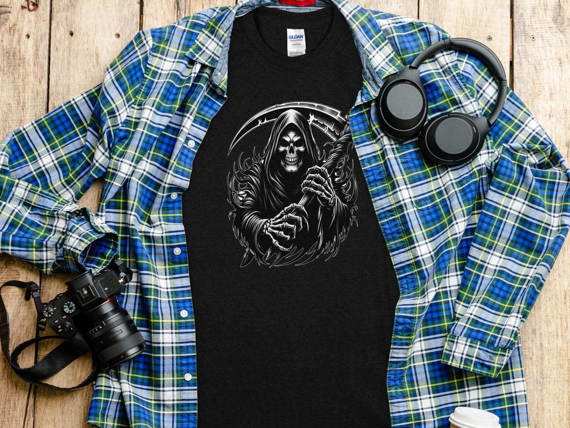 Grim Reaper - Black White Gildan T-Shirt Commemorative Talisman Unisex Tee Graphic Design