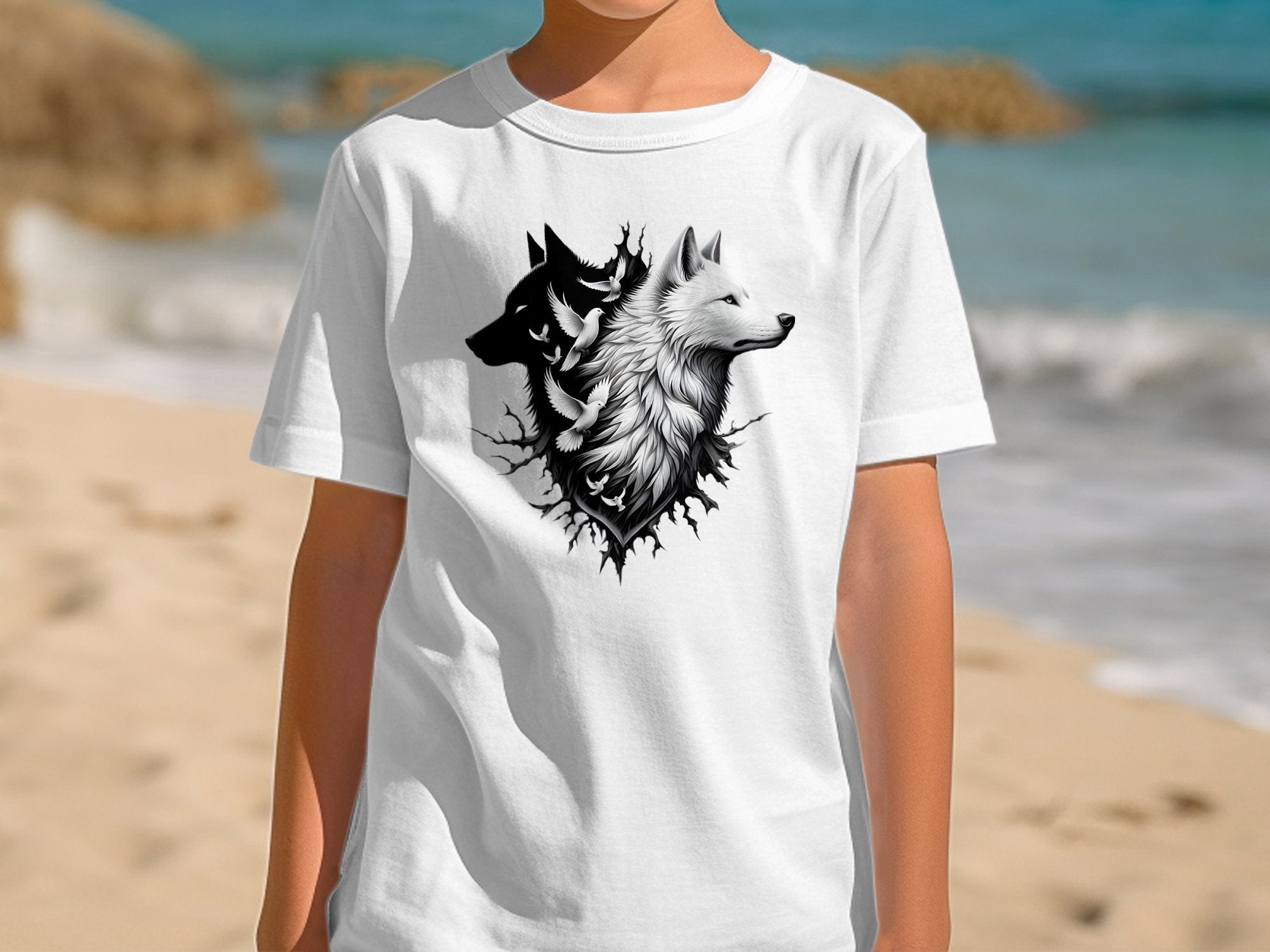 Wolf x Doves - Black White Gildan Kids T-Shirt Realistic Animal Talisman Unisex Tee Graphic Design